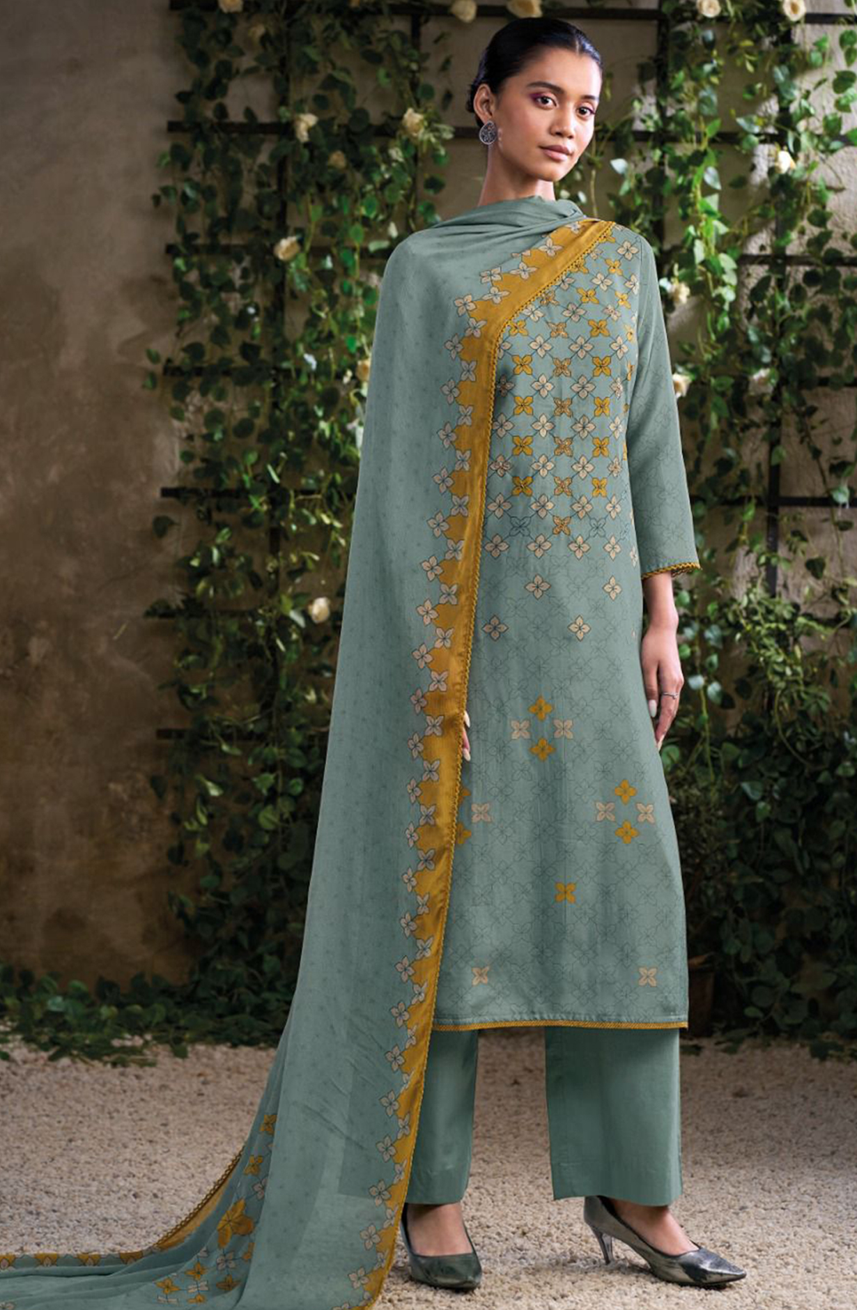 Firozi Printed Russian Silk Beautiful Salwaar Kameez- ANOS2981A