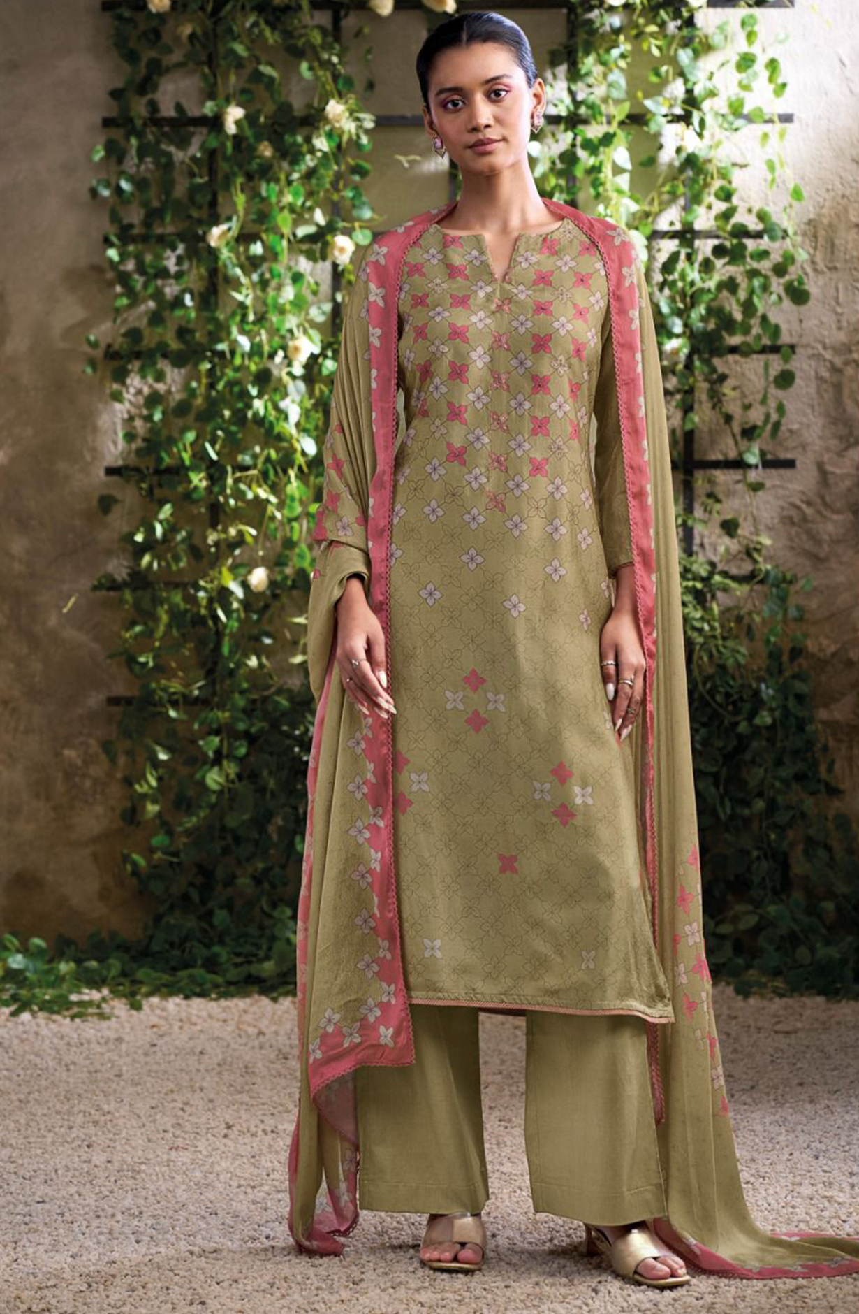 Mehndi Green Printed Russian Silk Beautiful Salwaar Kameez- ANOS2981C