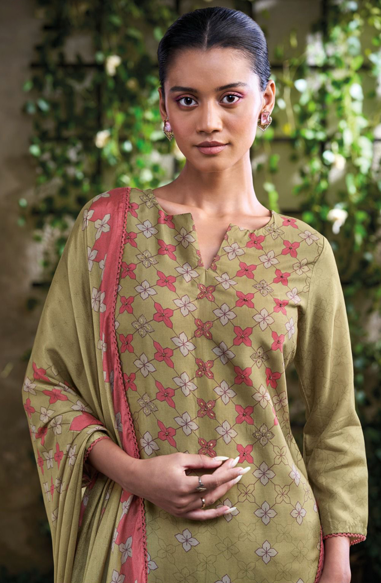 Mehndi Green Printed Russian Silk Beautiful Salwaar Kameez- ANOS2981C