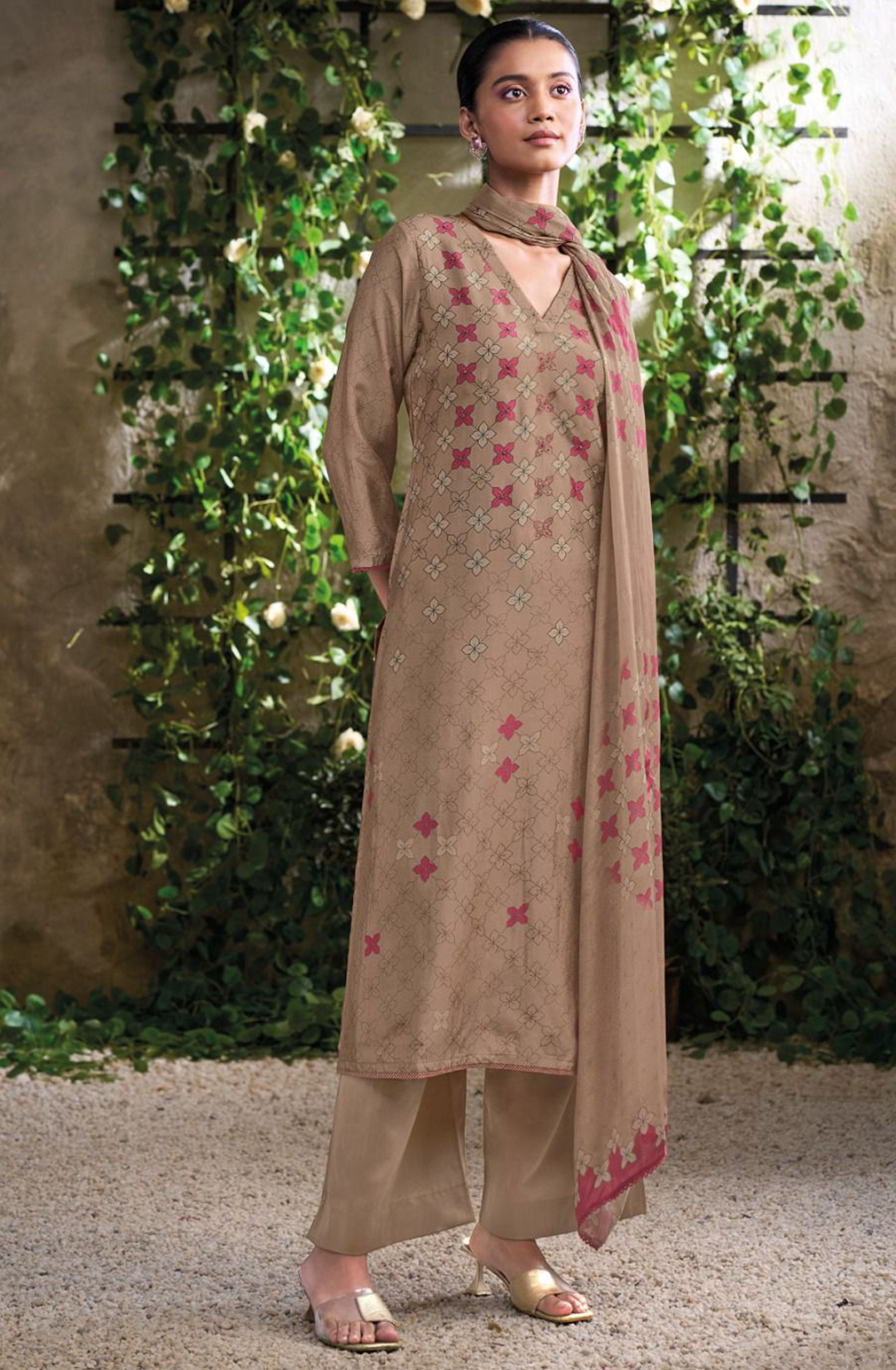 Brown Printed Russian Silk Beautiful Salwaar Kameez- ANOS2981D