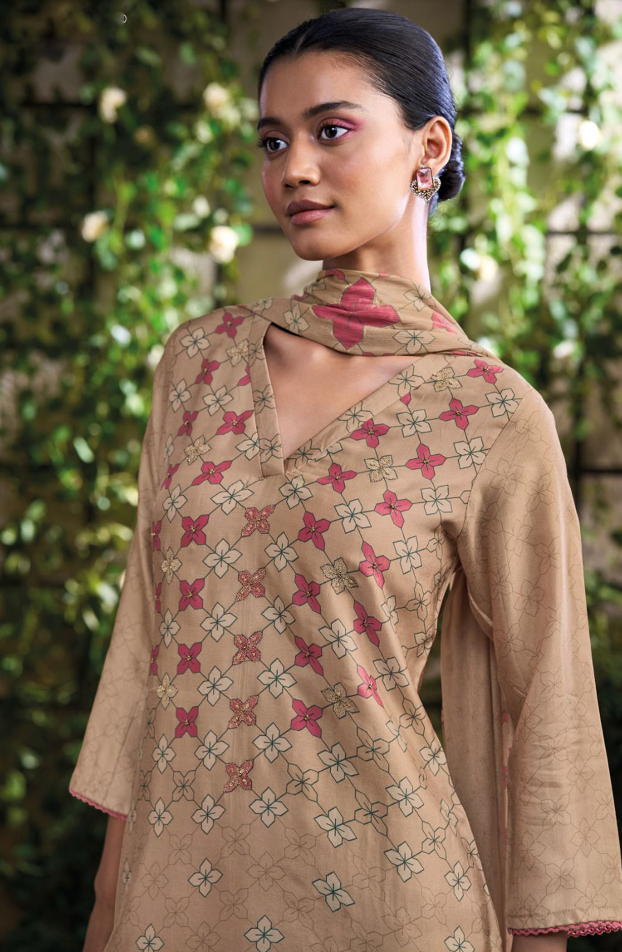 Brown Printed Russian Silk Beautiful Salwaar Kameez- ANOS2981D