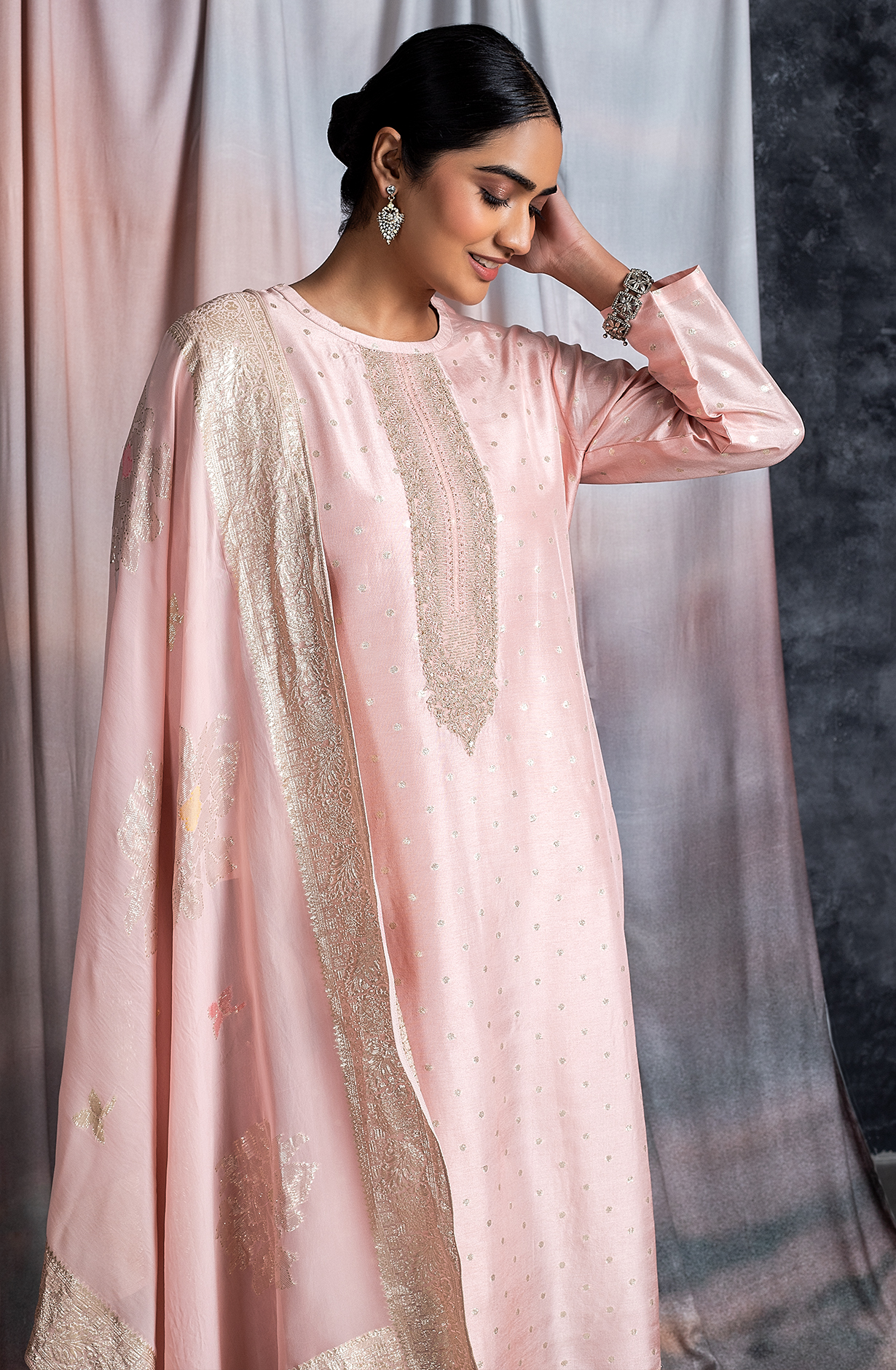 Peach Designer Silk Salwar Kameez with Organza Dupatta - SAB2194