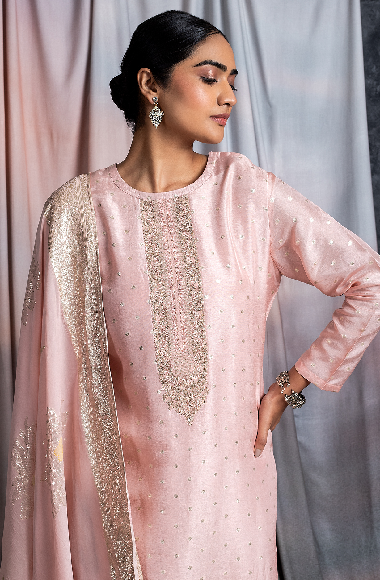 Peach Designer Silk Salwar Kameez with Organza Dupatta - SAB2194