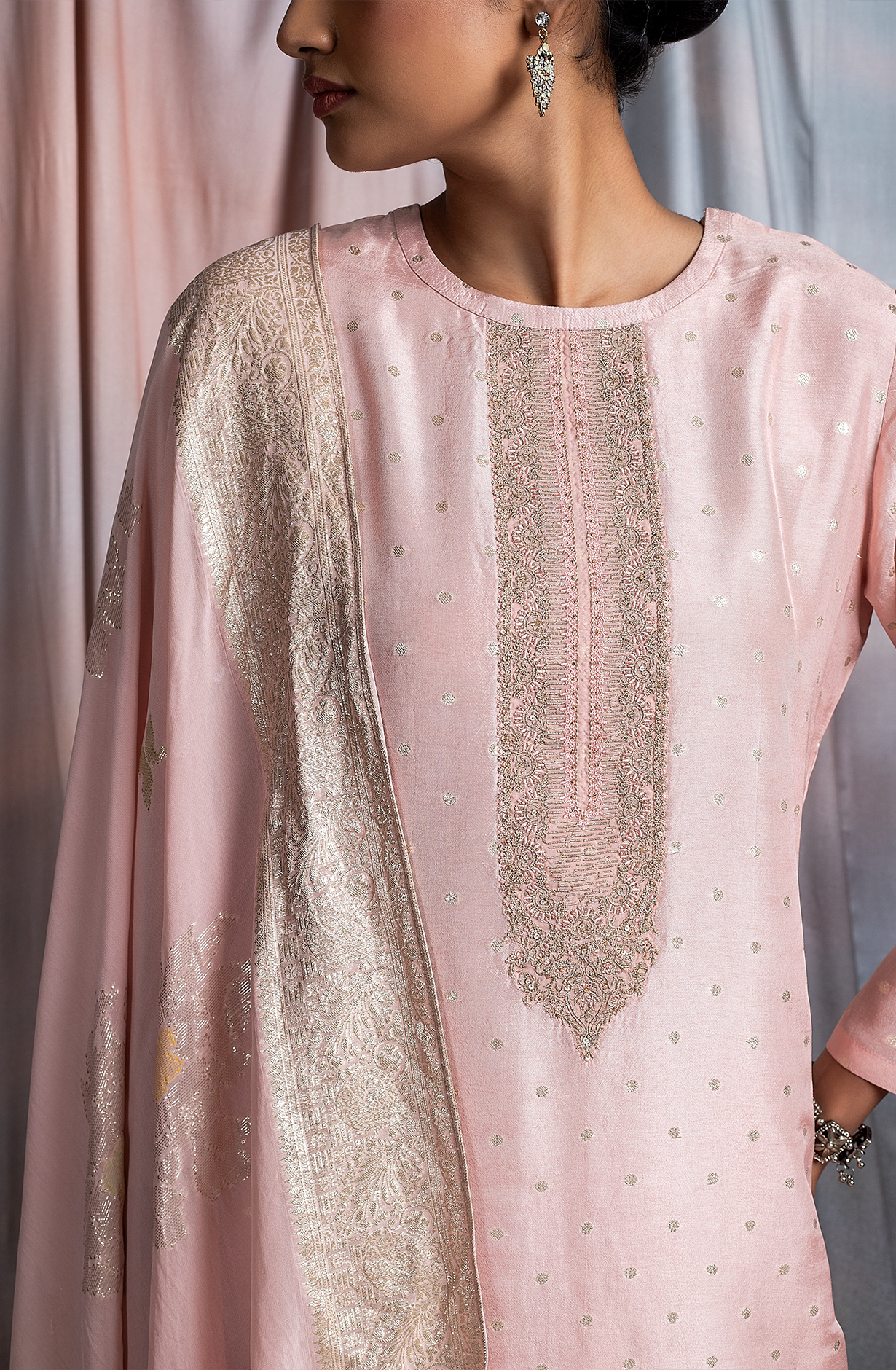 Peach Designer Silk Salwar Kameez with Organza Dupatta - SAB2194