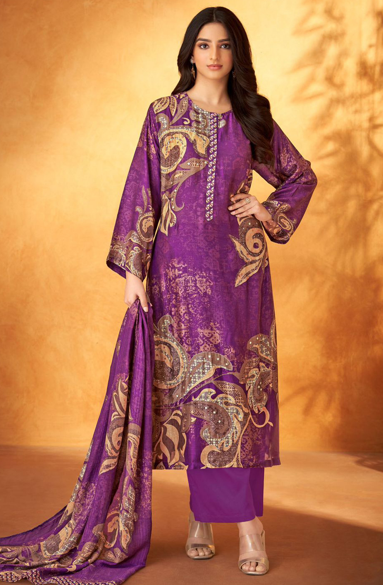 Purple Muslin Digital Printed Handwork Suit Set - SAB3250
