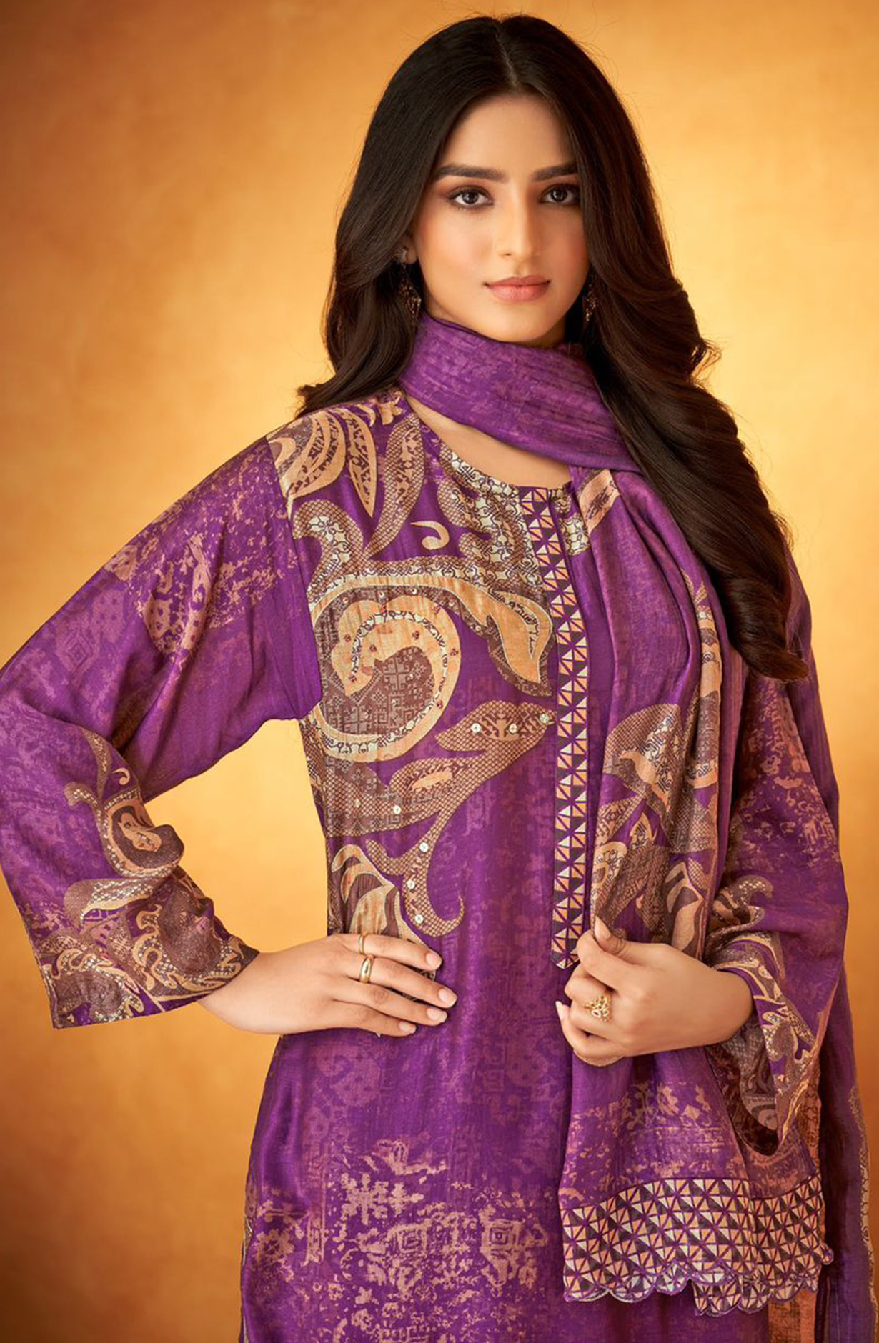 Purple Muslin Digital Printed Handwork Suit Set - SAB3250