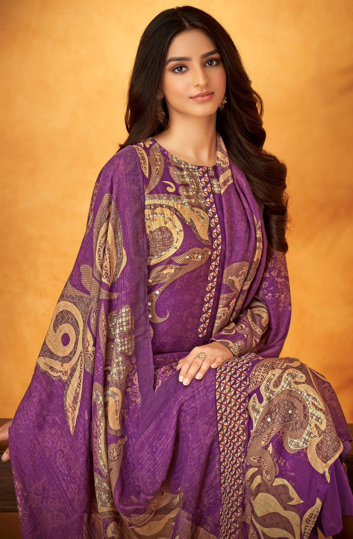 Purple Muslin Digital Printed Handwork Suit Set - SAB3250