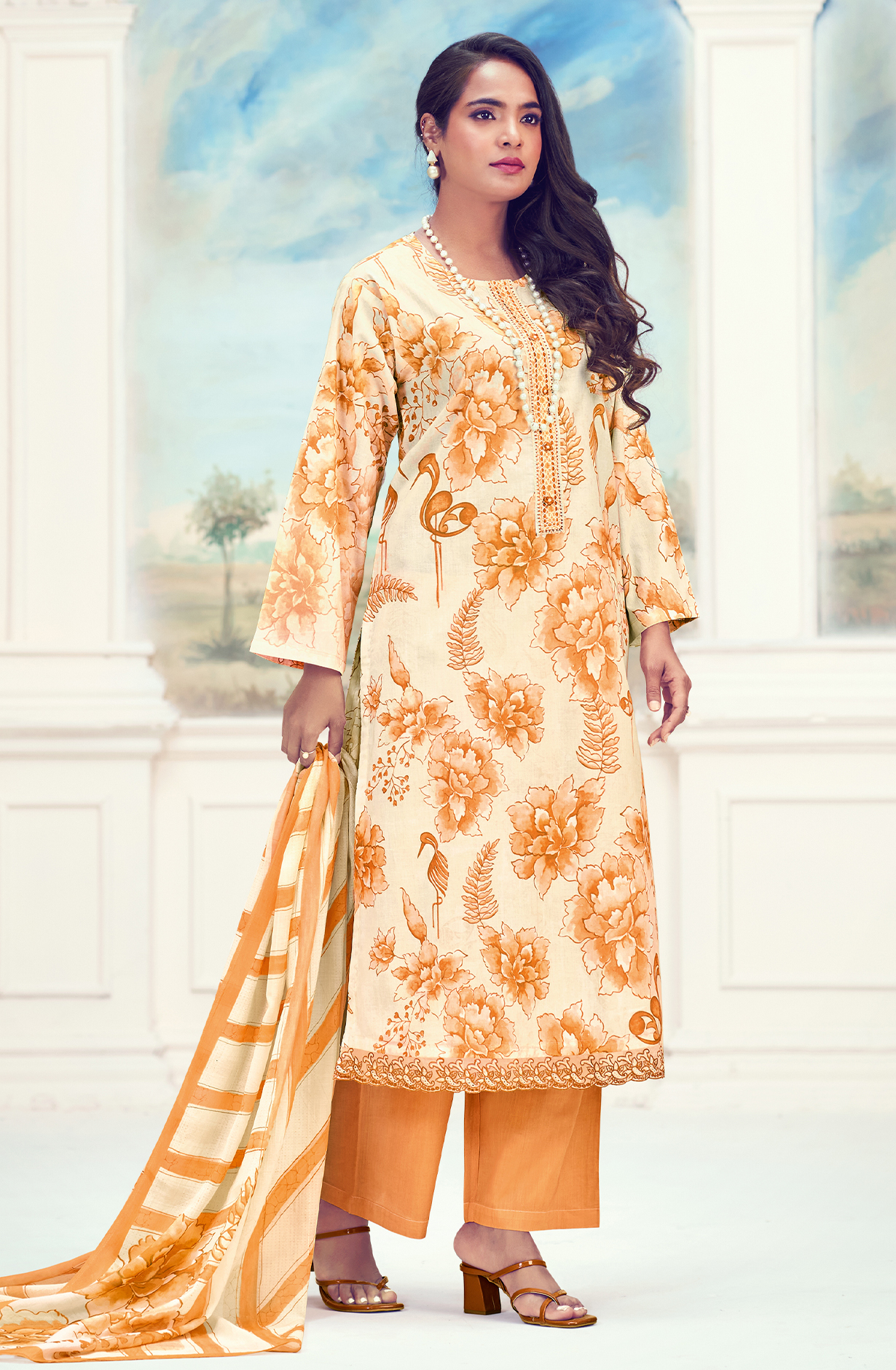 Pure Cotton Orange Digital Printed Unstitched Salwar Kameez with Embroidery - SAB823