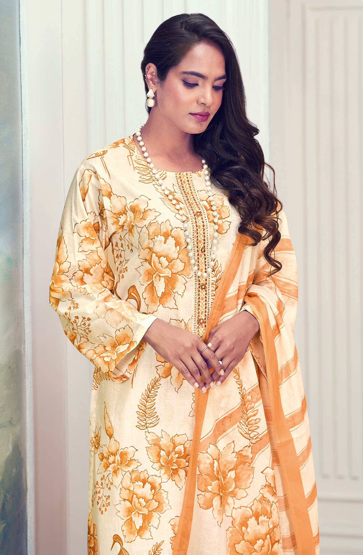 Pure Cotton Orange Digital Printed Unstitched Salwar Kameez with Embroidery - SAB823