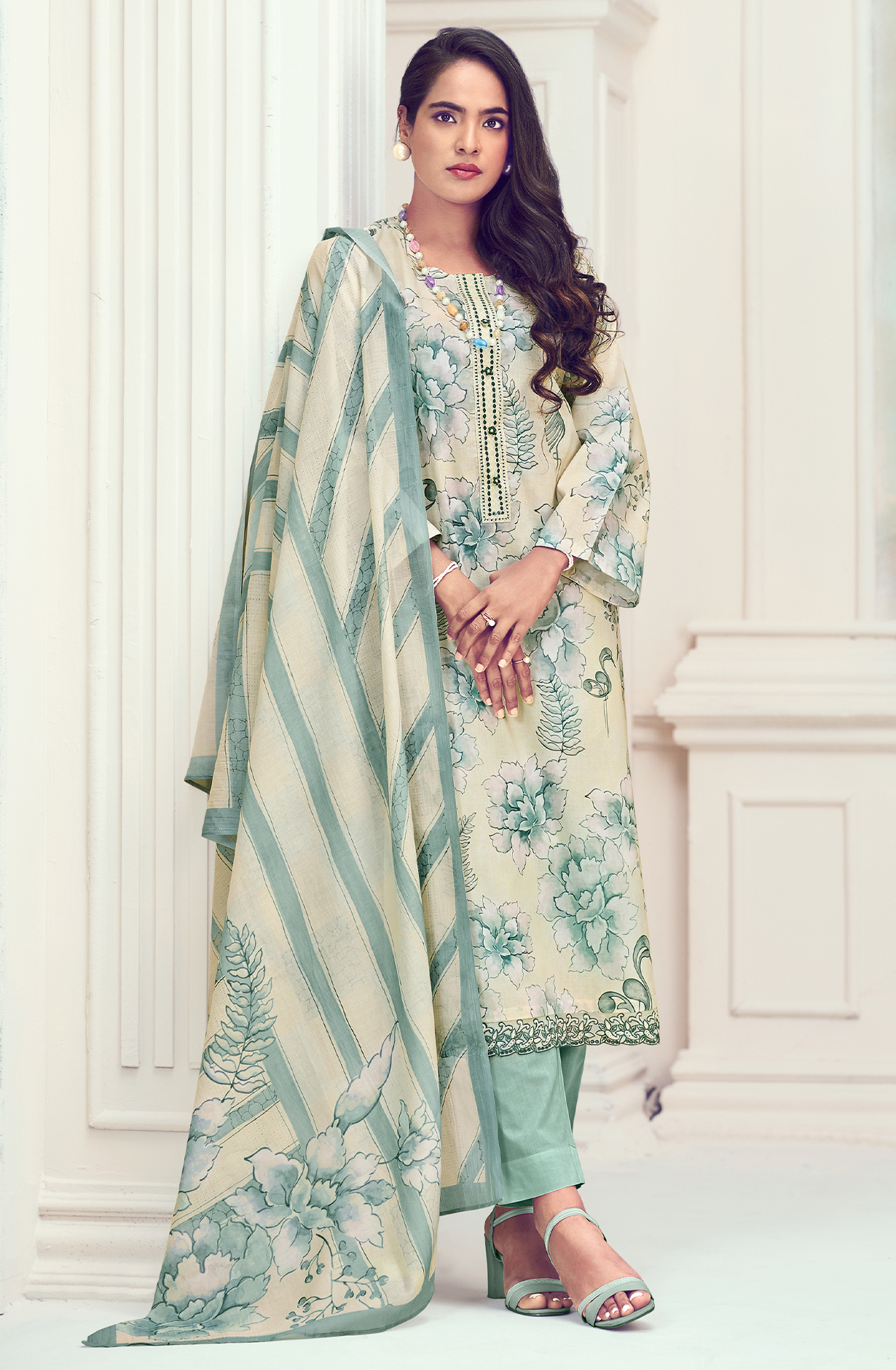 Pure Cotton Sea Green Digital Printed Unstitched Salwar Kameez with Embroidery - SAB873