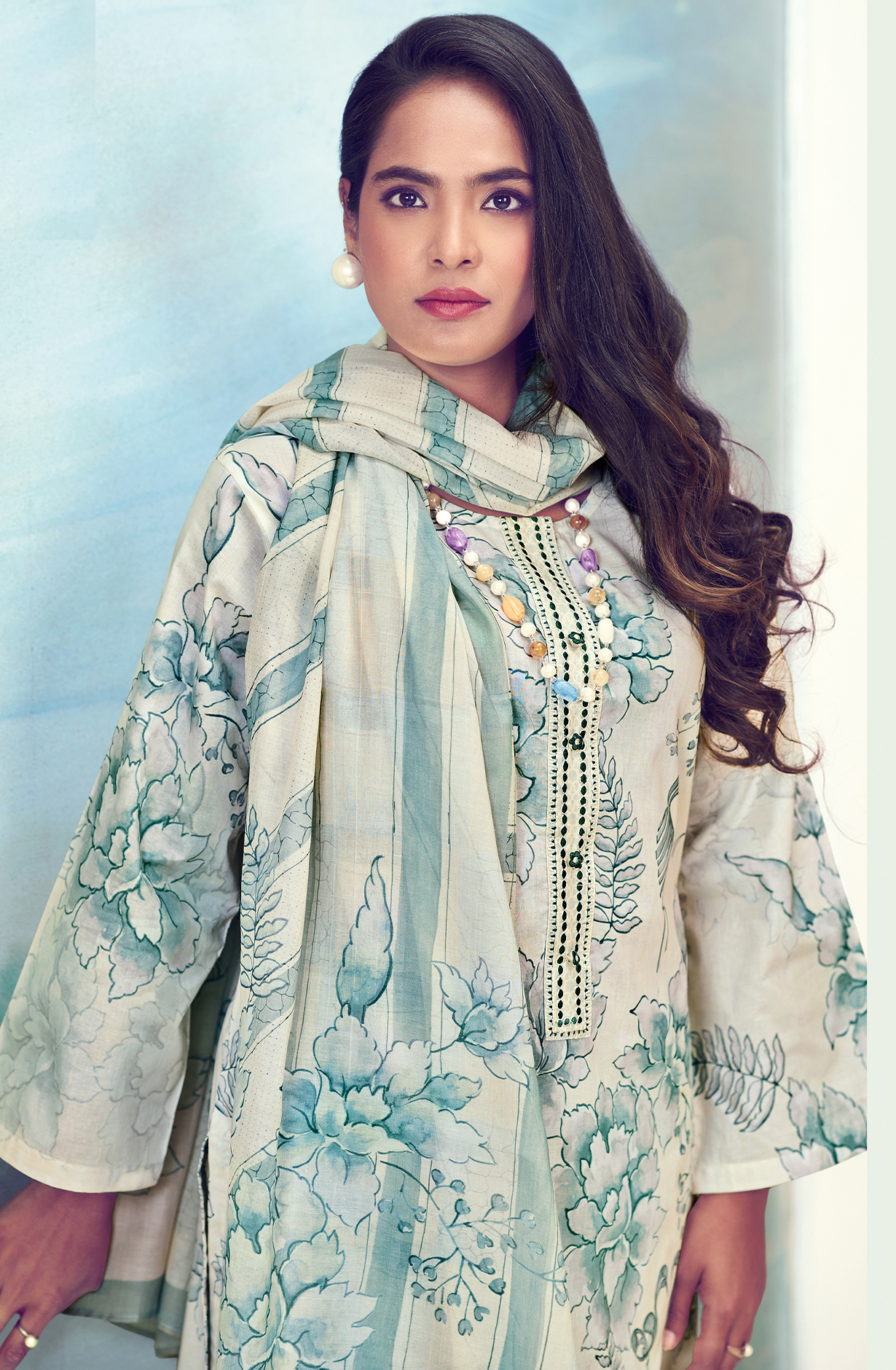 Pure Cotton Sea Green Digital Printed Unstitched Salwar Kameez with Embroidery - SAB873