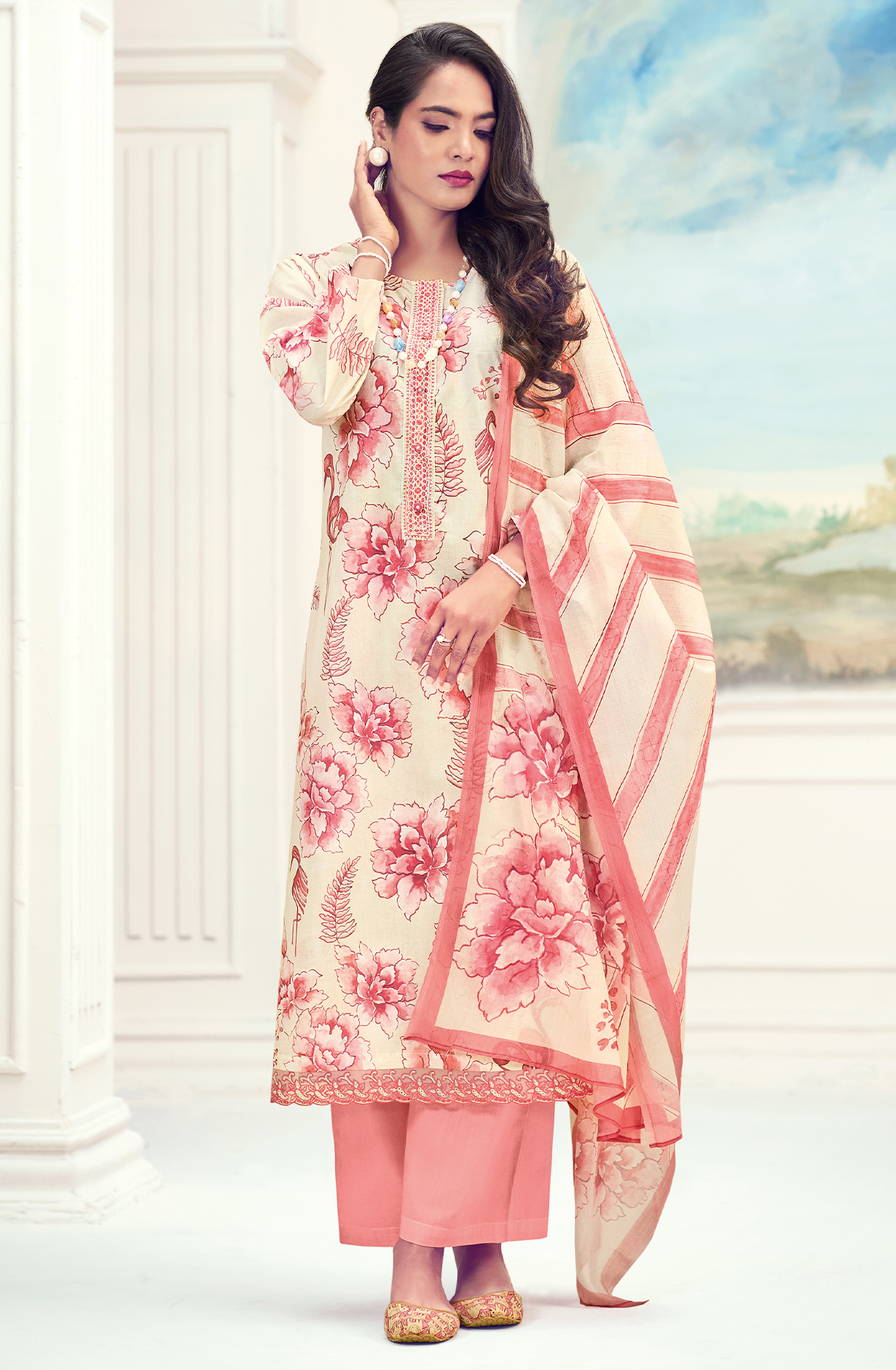Pure Cotton Peach Digital Printed Unstitched Salwar Kameez with Embroidery - SAB891