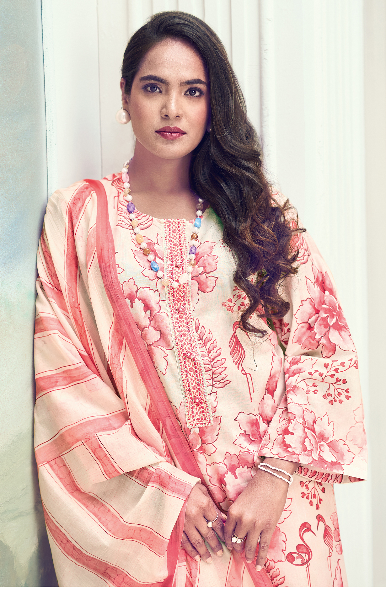 Pure Cotton Peach Digital Printed Unstitched Salwar Kameez with Embroidery - SAB891