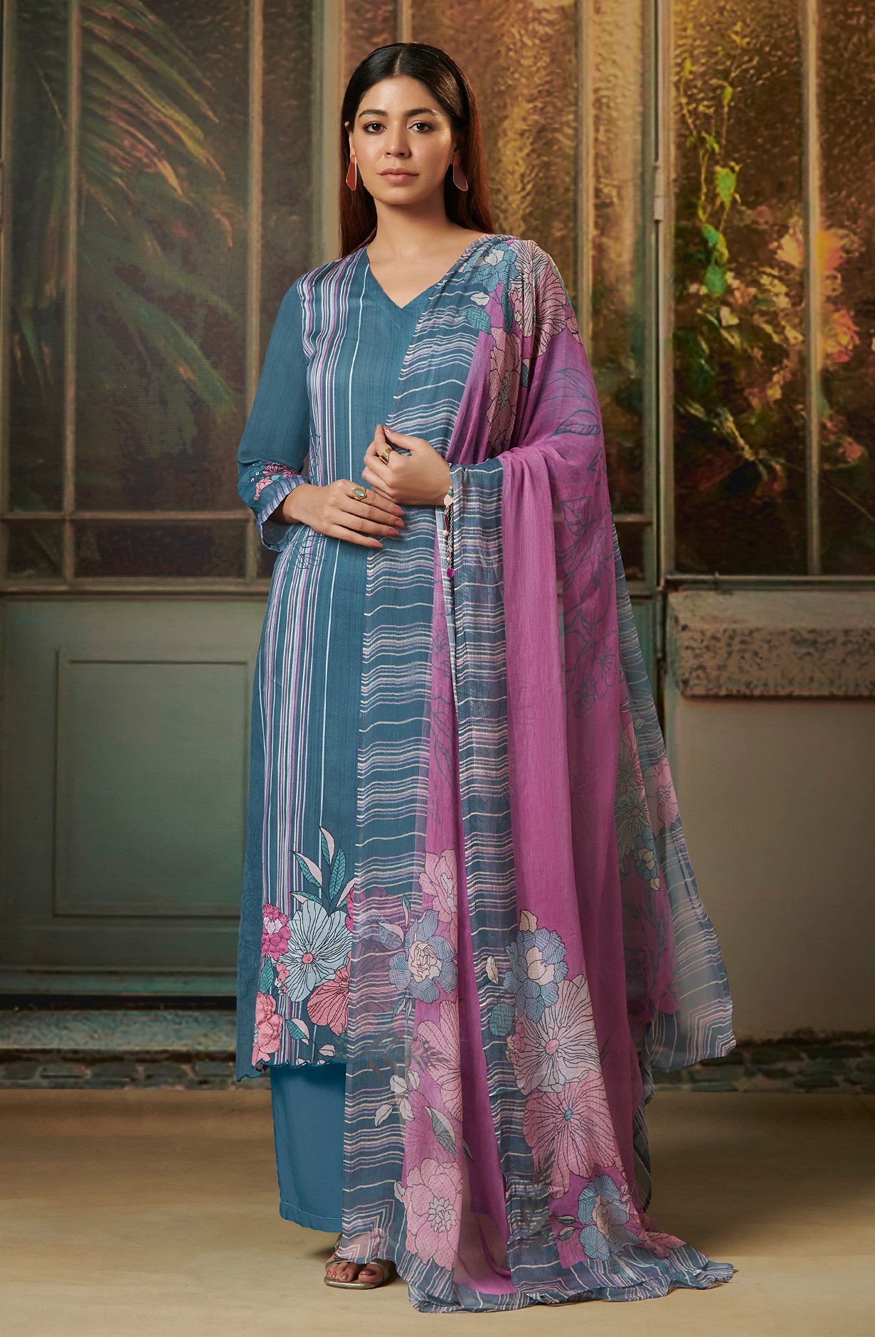 Teal Cotton Digital Printed Salwar Kameez with Chiffon Dupatta - SAD901