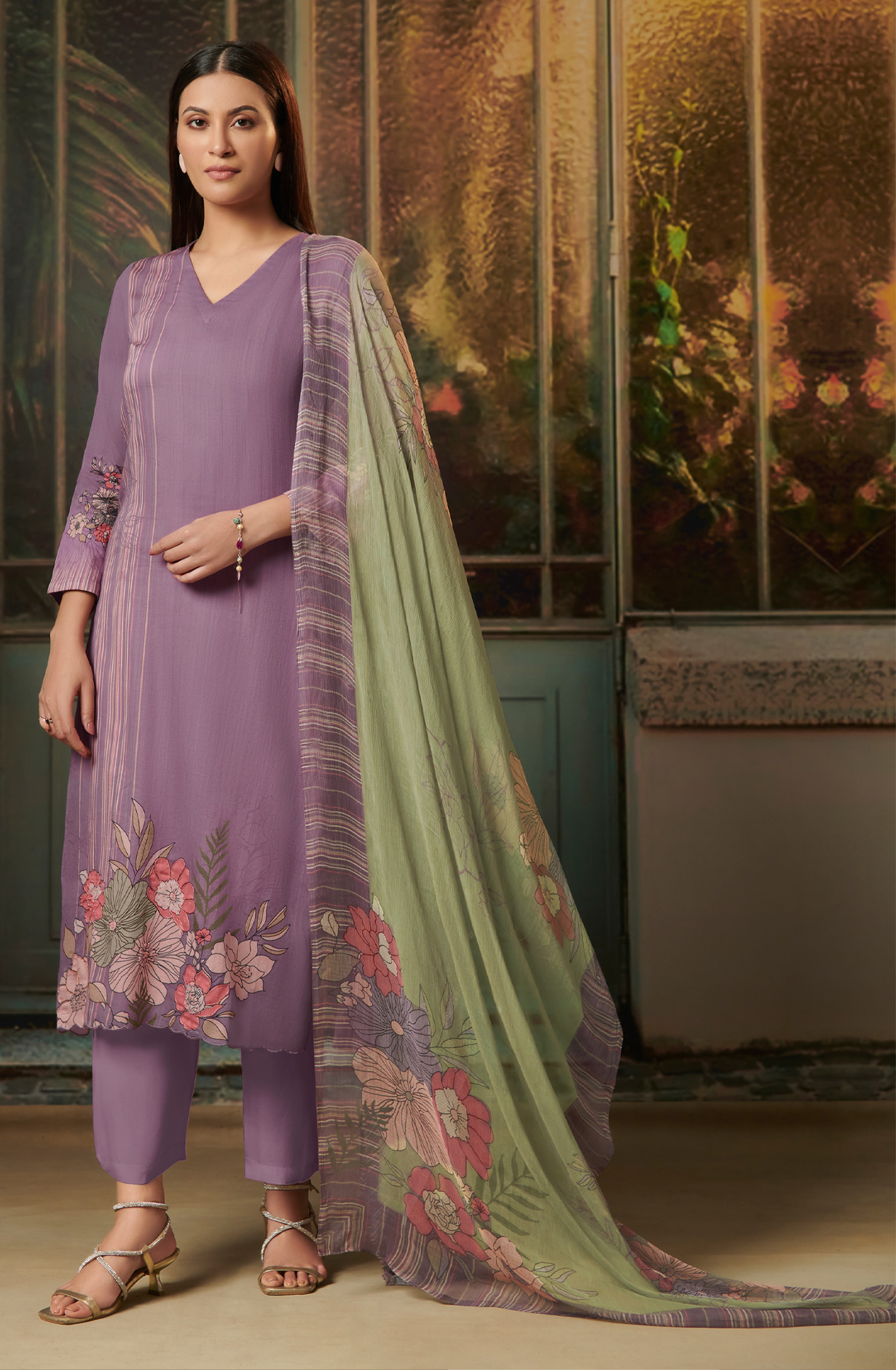 Mauve Cotton Digital Printed Salwar Kameez with Chiffon Dupatta  - SAD941