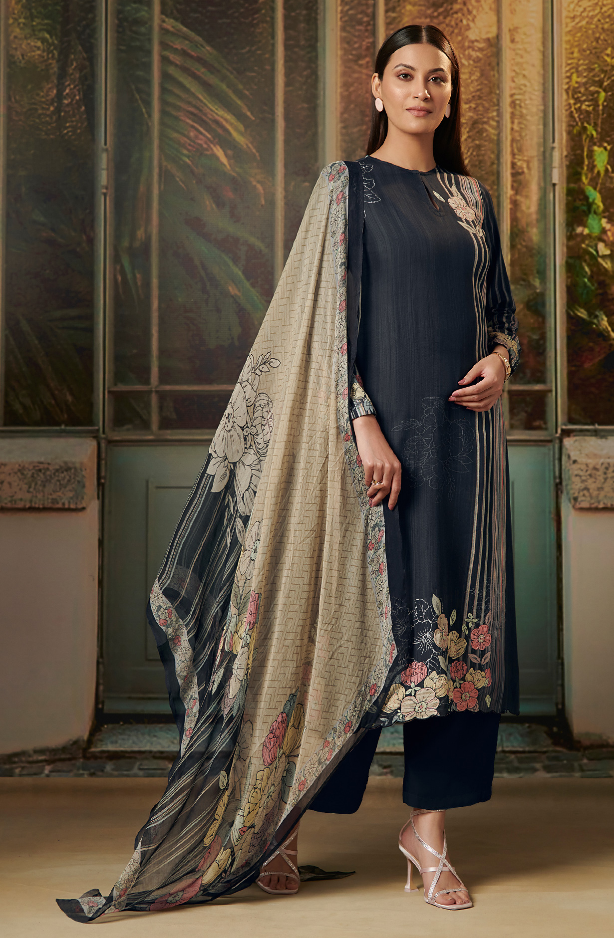 Black Cotton Digital Printed Salwar Kameez with Chiffon Dupatta - SAD951