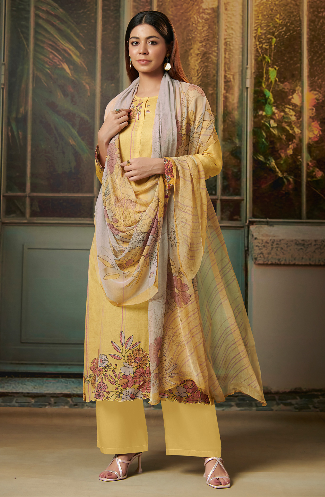 Mustard Cotton Digital Printed Salwar Kameez with Chiffon Dupatta - SAD961
