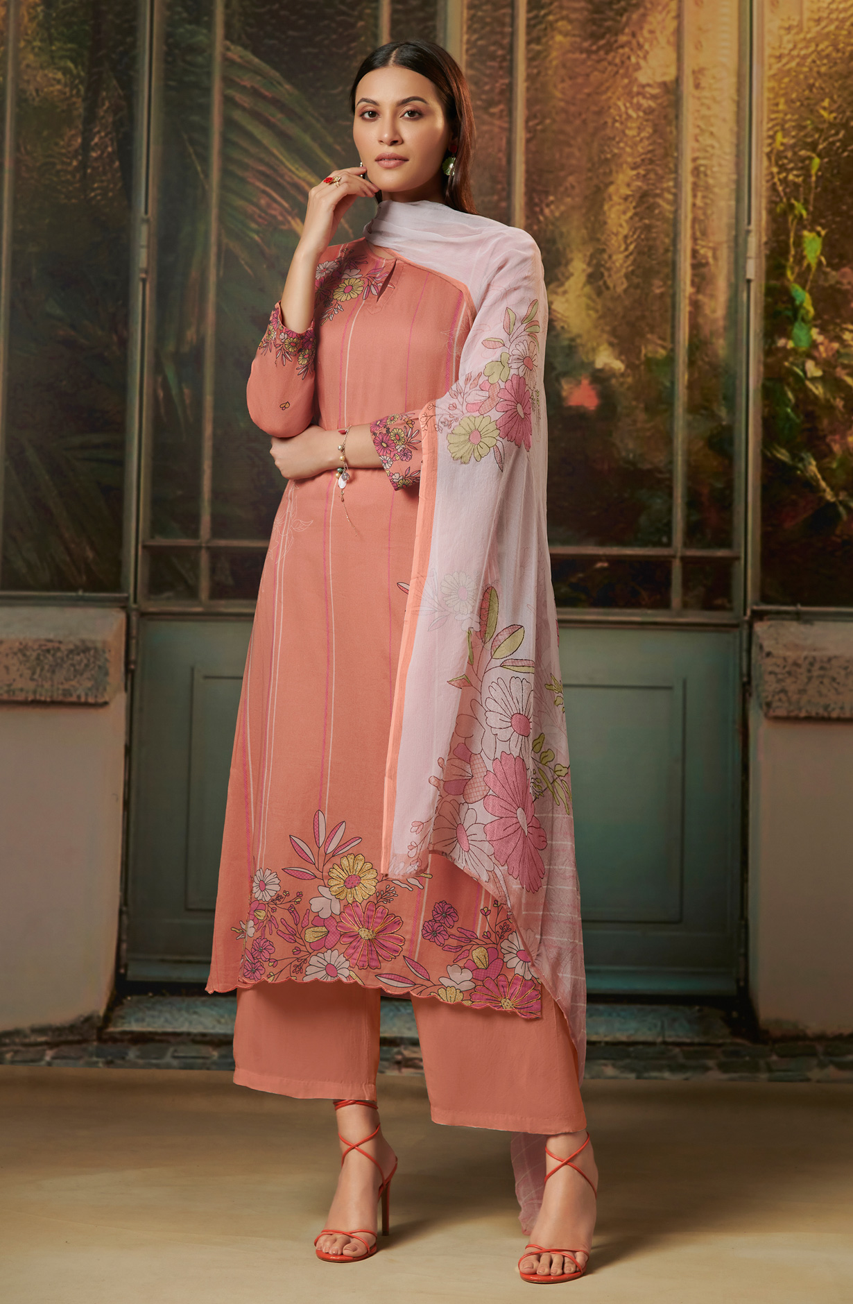 Peach Cotton Digital Printed Salwar Kameez with Chiffon Dupatta  - SAD971