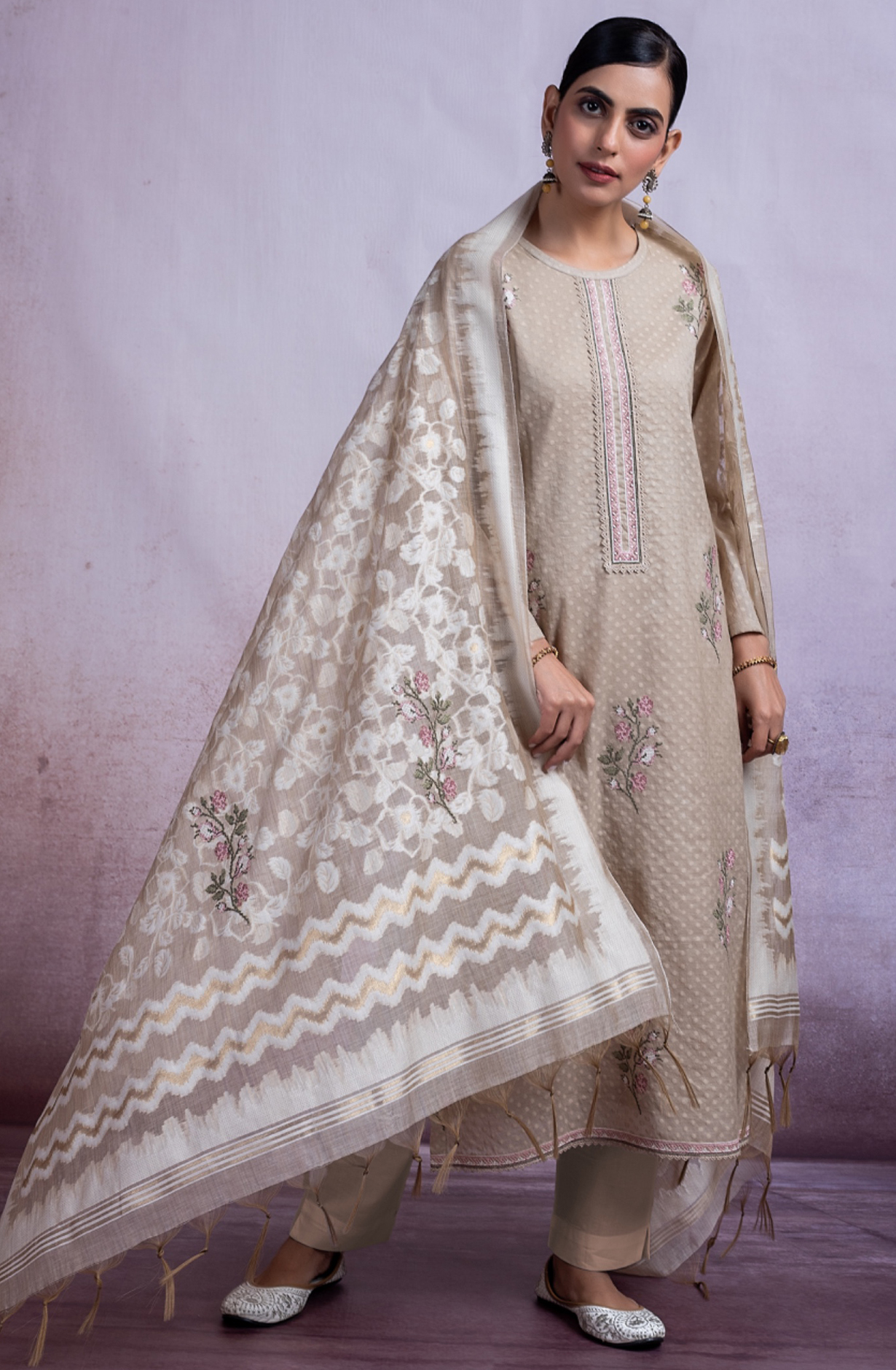 Beige Pure Chanderi Jacquard Suit with Dupatta - SAF2493A