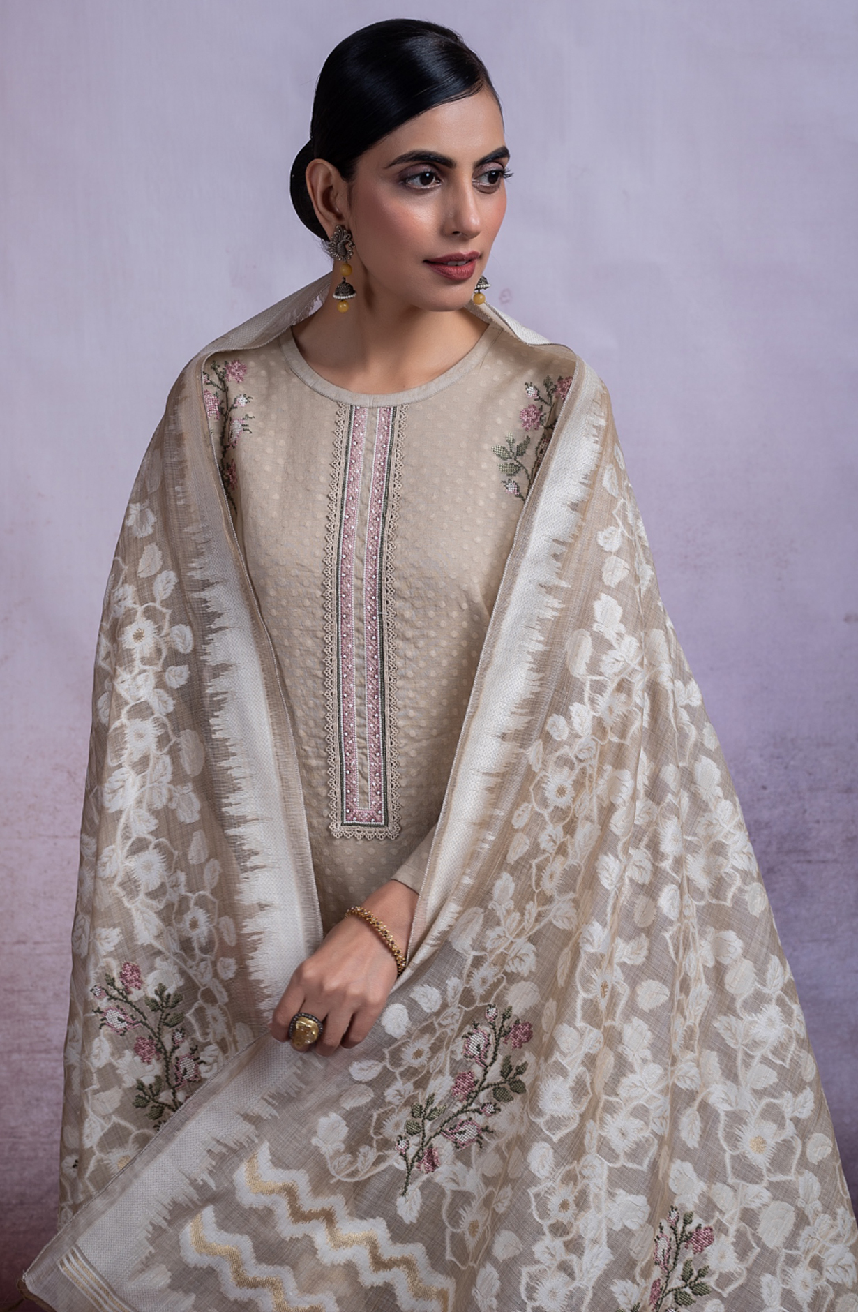 Beige Pure Chanderi Jacquard Suit with Dupatta - SAF2493A