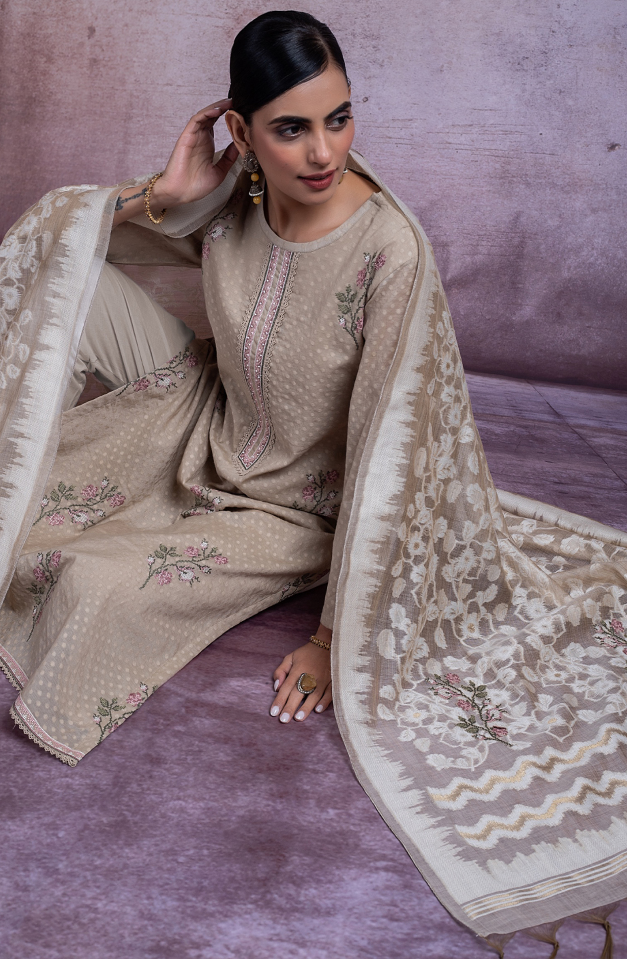 Beige Pure Chanderi Jacquard Suit with Dupatta - SAF2493A