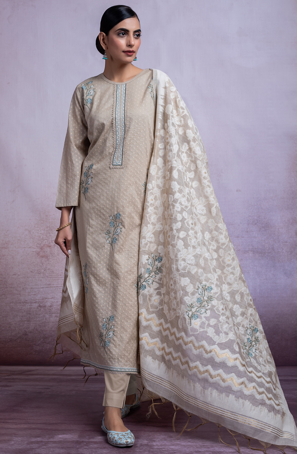 Beige Pure Chanderi Jacquard Suit with Dupatta - SAF2493B