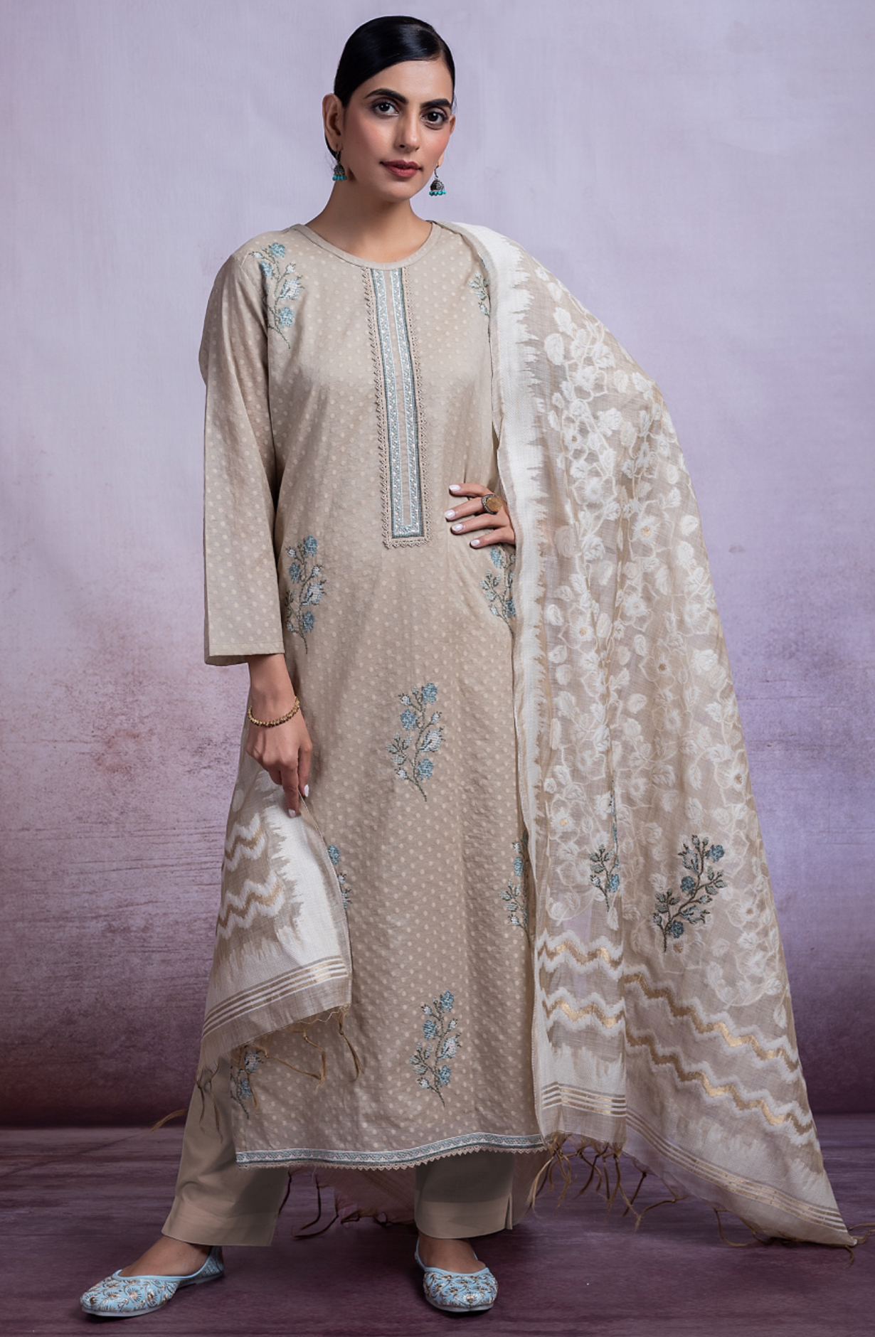 Beige Pure Chanderi Jacquard Suit with Dupatta - SAF2493B