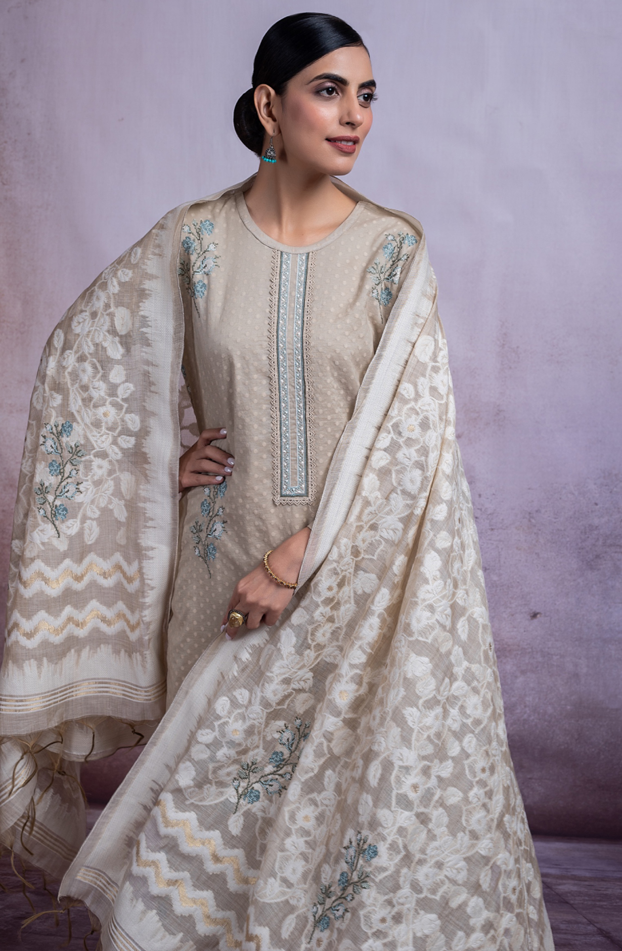 Beige Pure Chanderi Jacquard Suit with Dupatta - SAF2493B