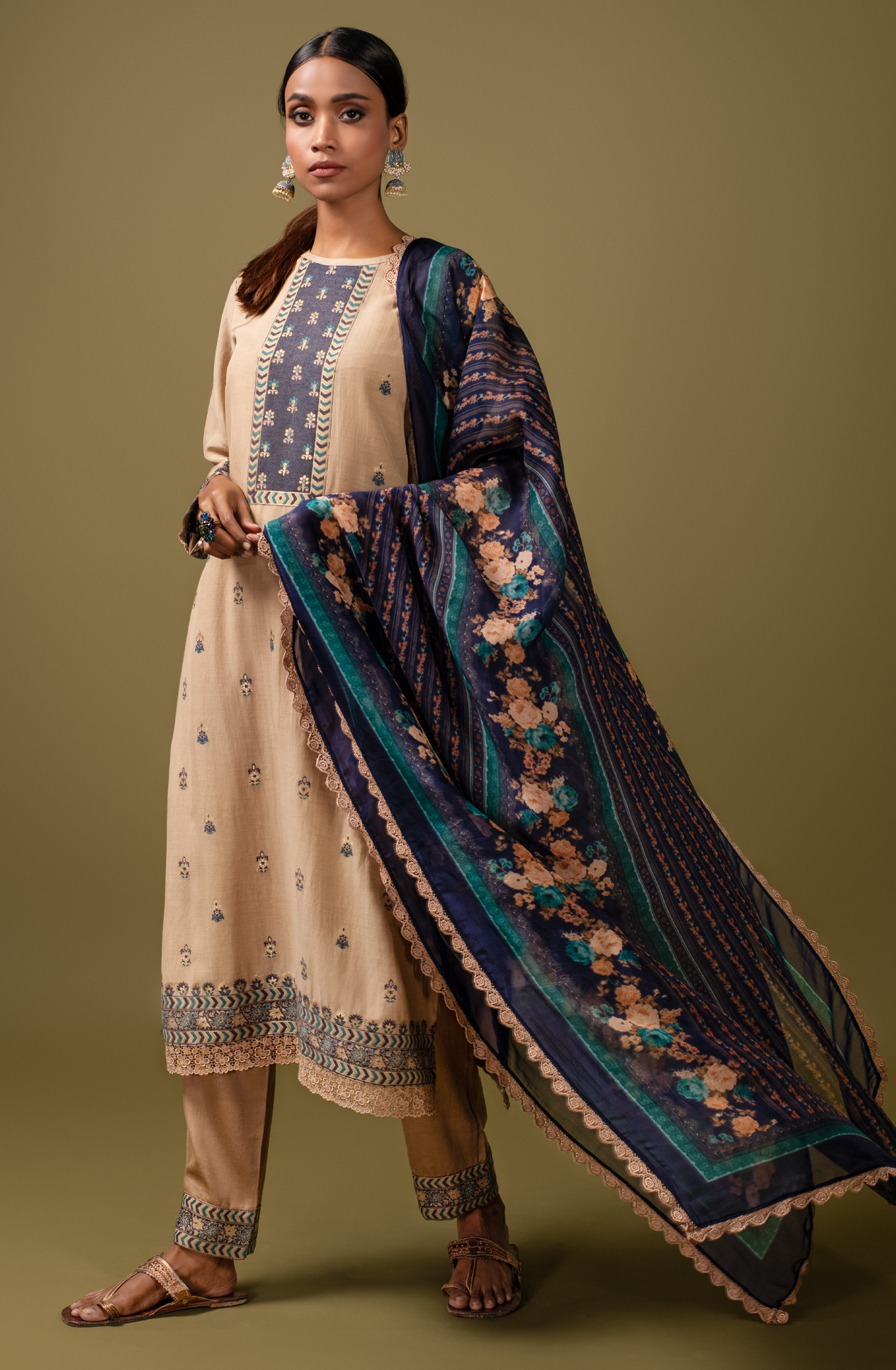 Beige Exclusive Linen Silk Jacquard Salwar Suit with Organza Dupatta - SAG1700A