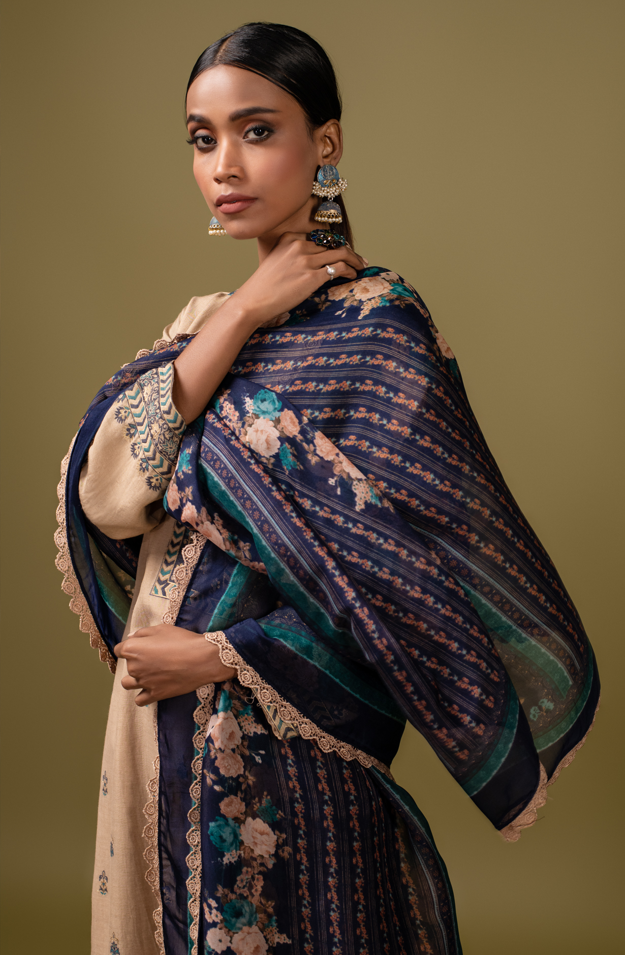 Beige Exclusive Linen Silk Jacquard Salwar Suit with Organza Dupatta - SAG1700A