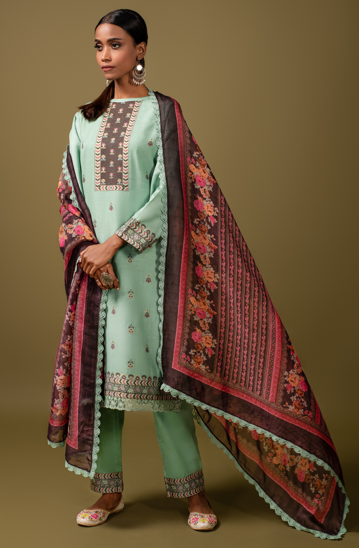 Sea Green Exclusive Linen Silk Jacquard Salwar Suit with Organza Dupatta - SAG1700C