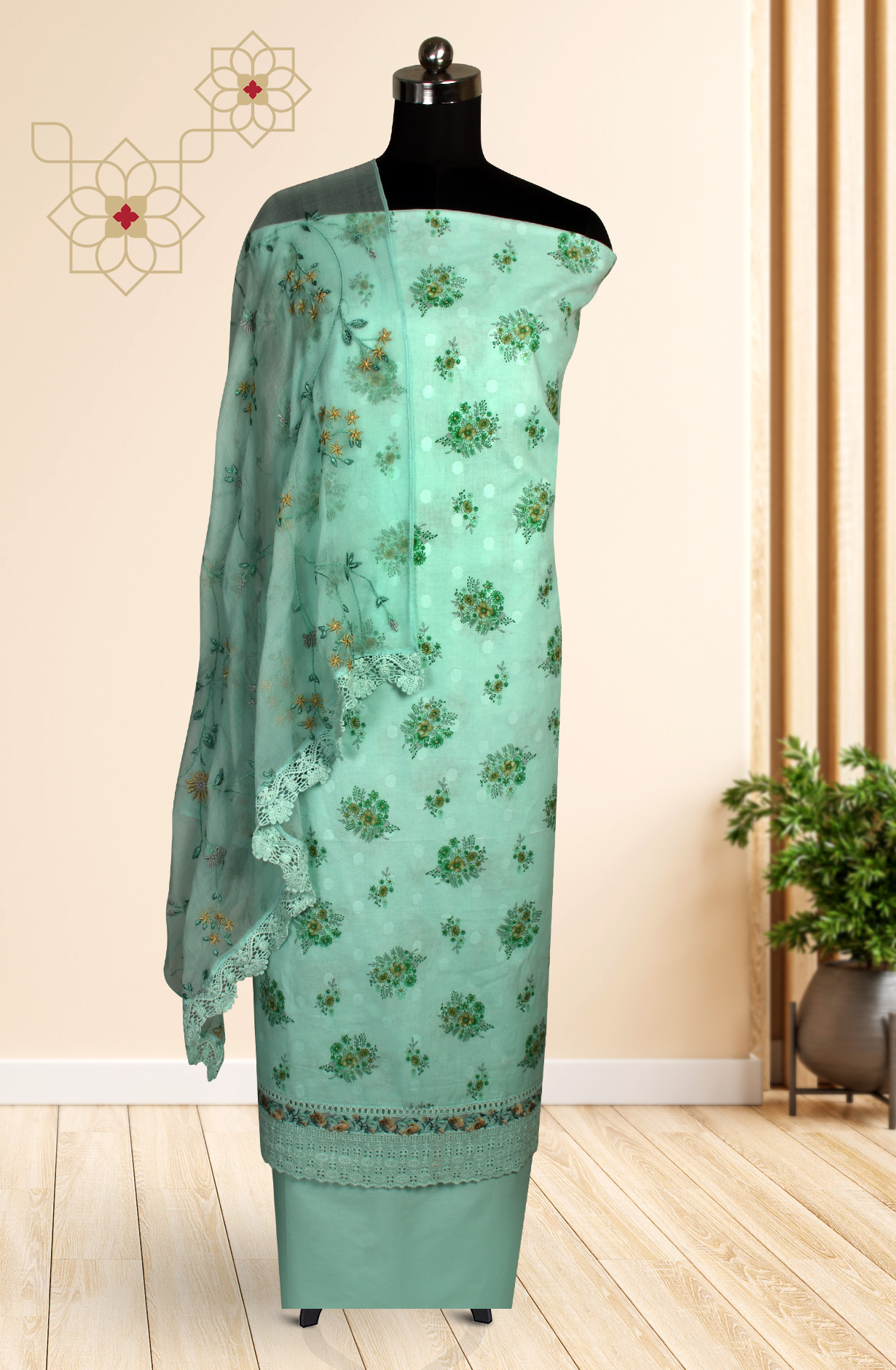 Sea Green Cotton Digital Printed Salwar Suit with Chiffon Dupatta - SAGPIM35C
