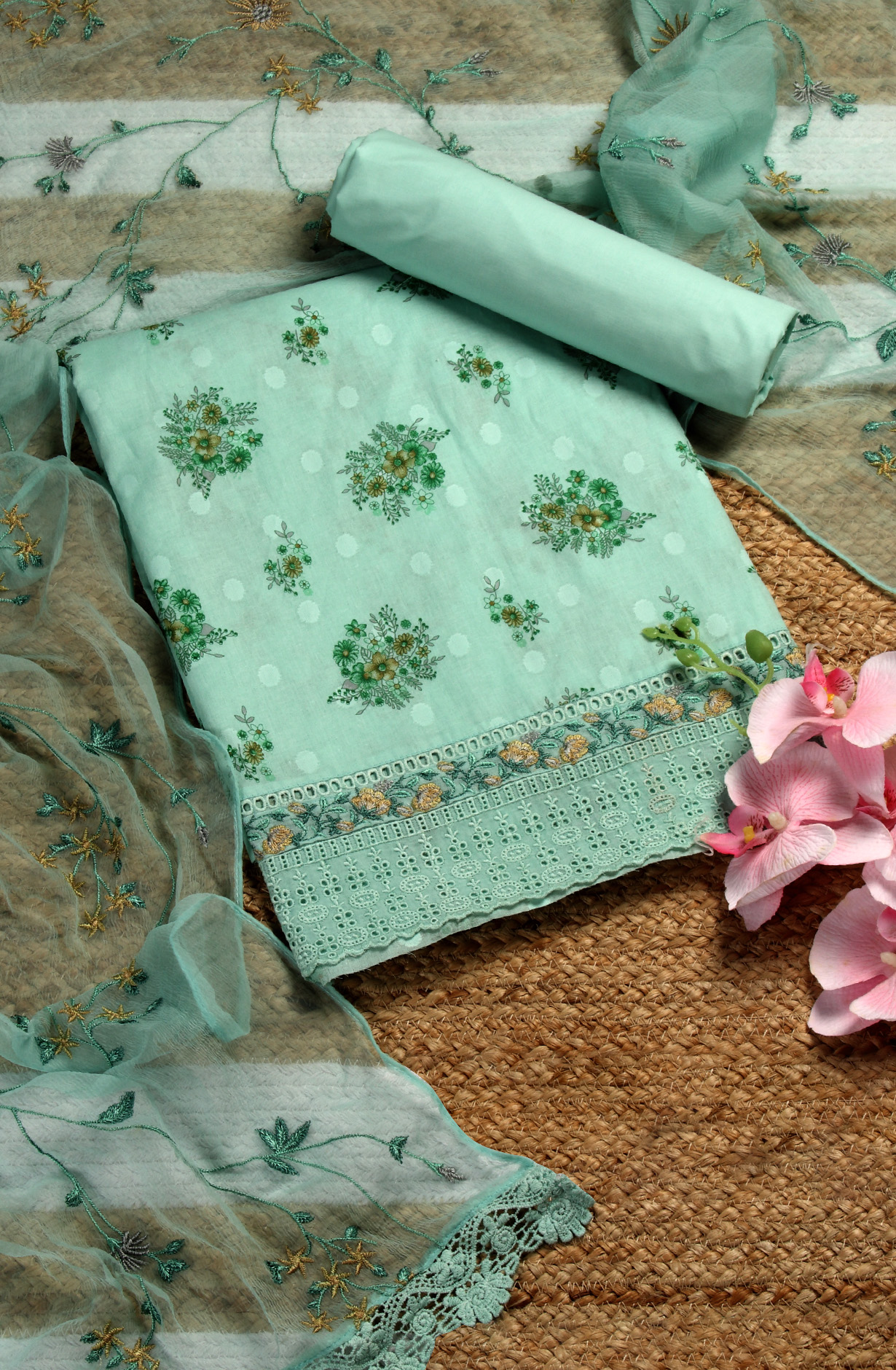 Sea Green Cotton Digital Printed Salwar Suit with Chiffon Dupatta - SAGPIM35C