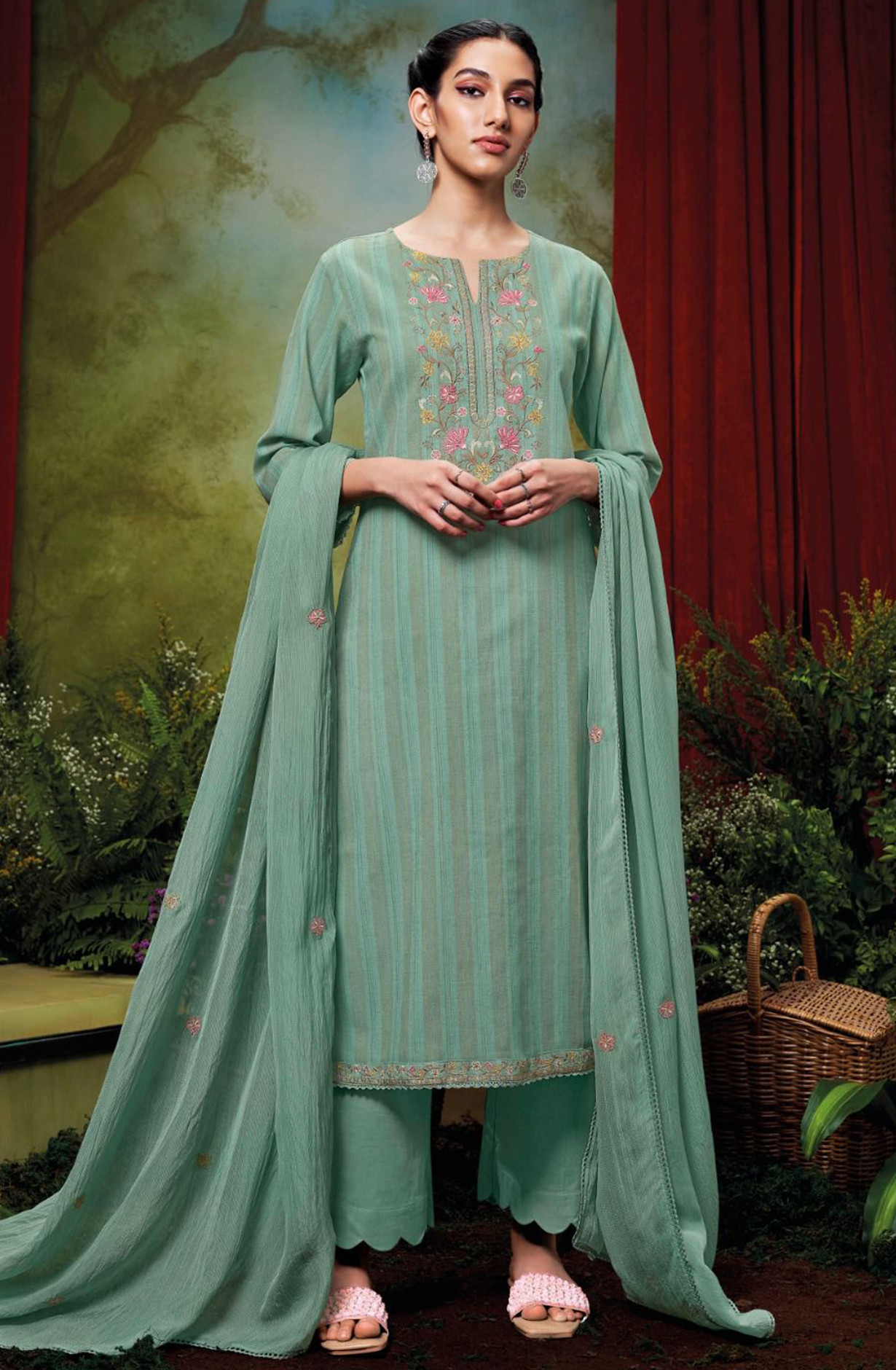 Cotton Jacquard Suit Set with Pure Chiffon Dupatta - SAHC1890