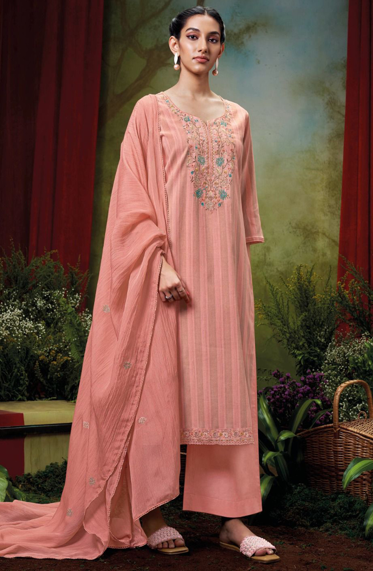 Cotton Jacquard Suit Set with Pure Chiffon Dupatta - SAHC1891