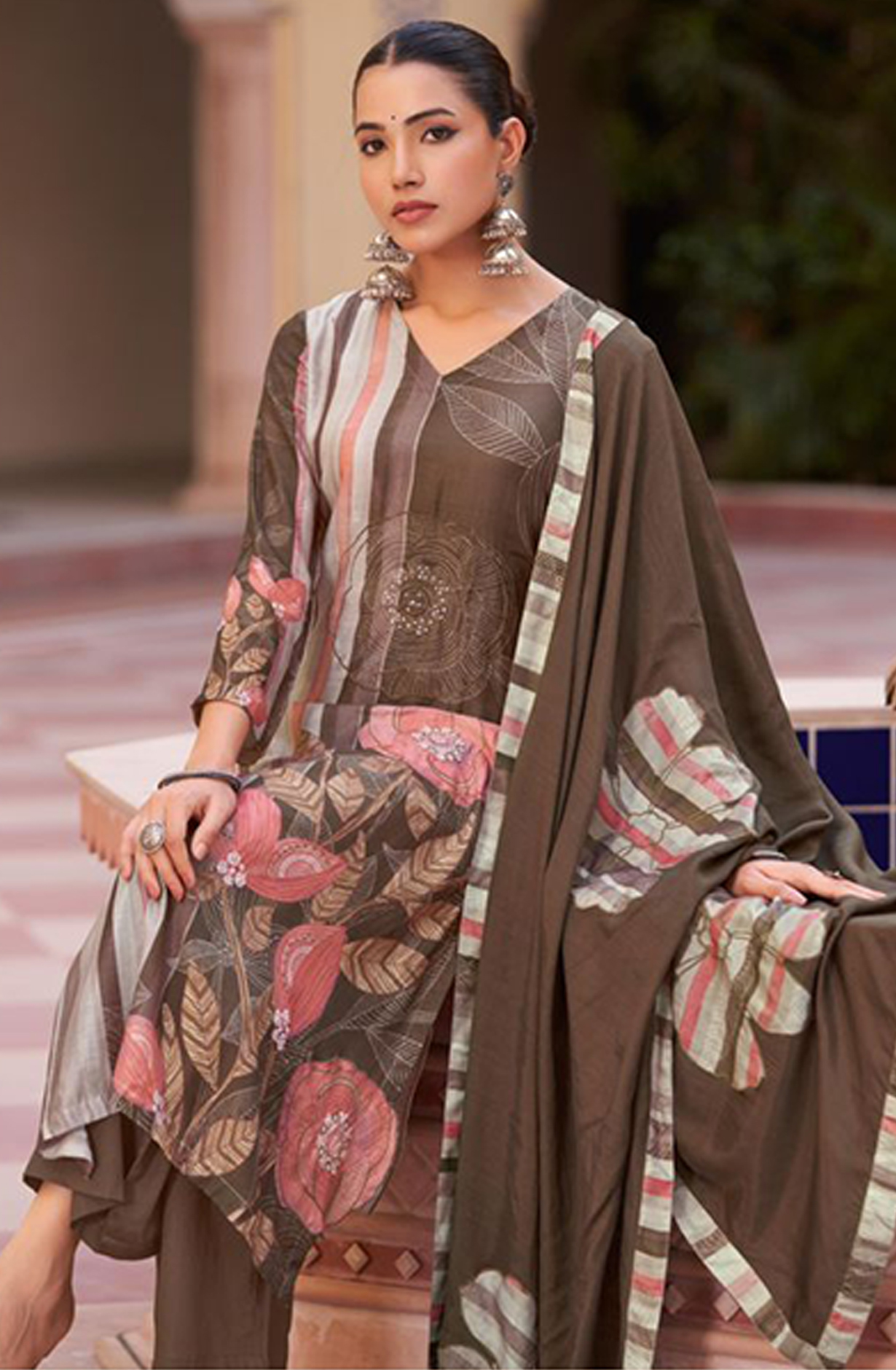 Brown Muslin Digital Printed Suit Set With Muslin Dupatta- SAK8939