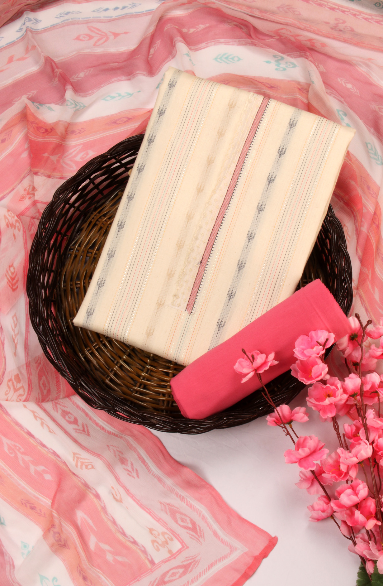 Cream Cotton Unstitched Salwar Suit with Chiffon Dupatta - SAM1531C