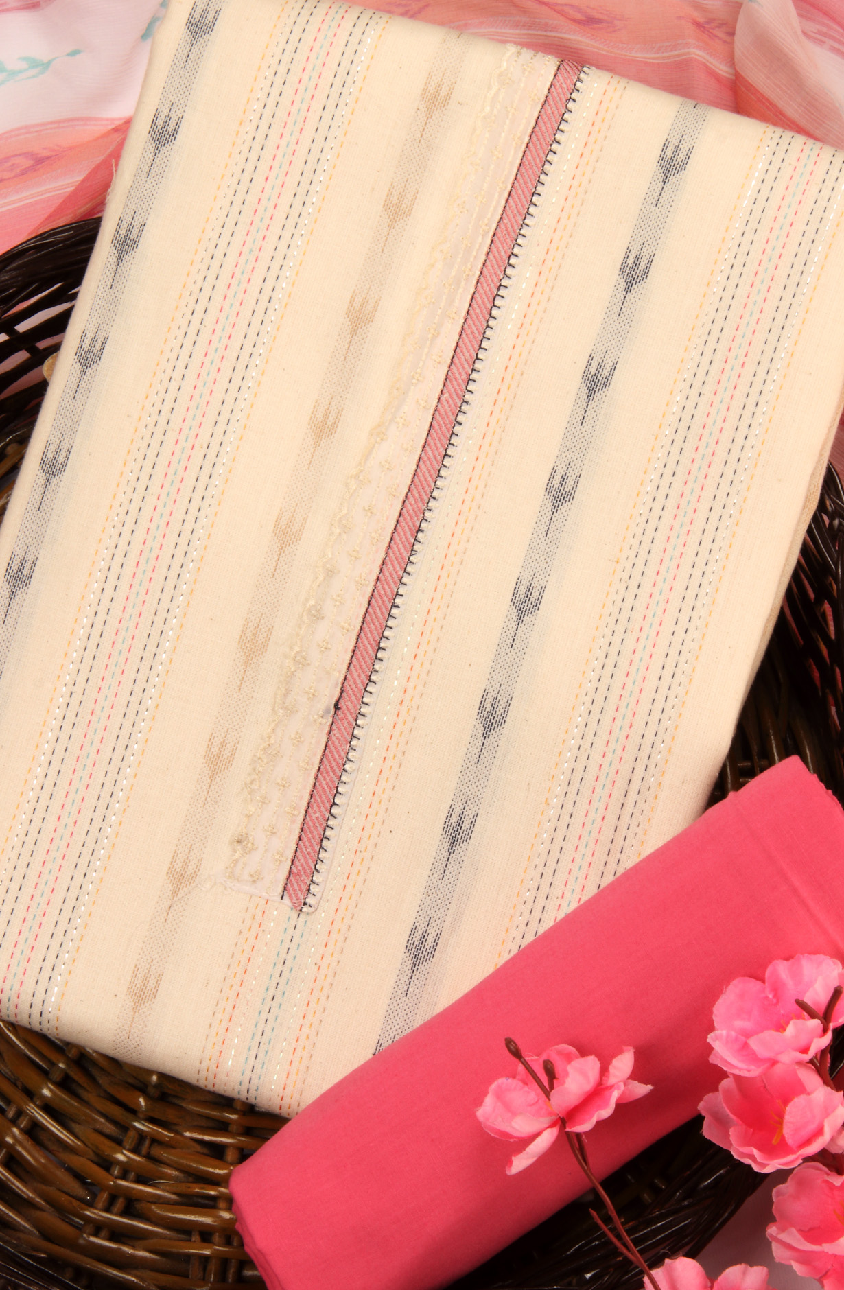 Cream Cotton Unstitched Salwar Suit with Chiffon Dupatta - SAM1531C