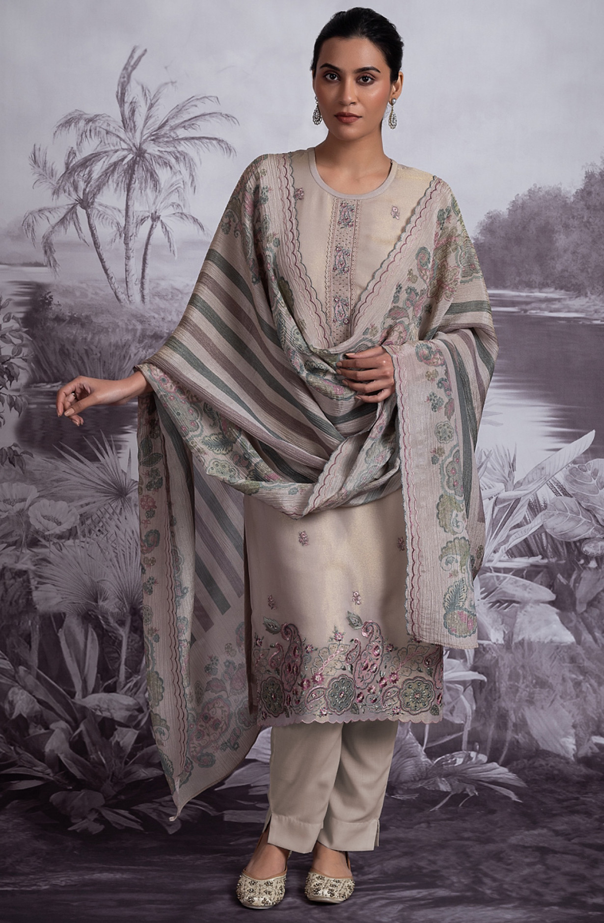 Tissue  Suit with Embroidery and Handwork - SAM2359A