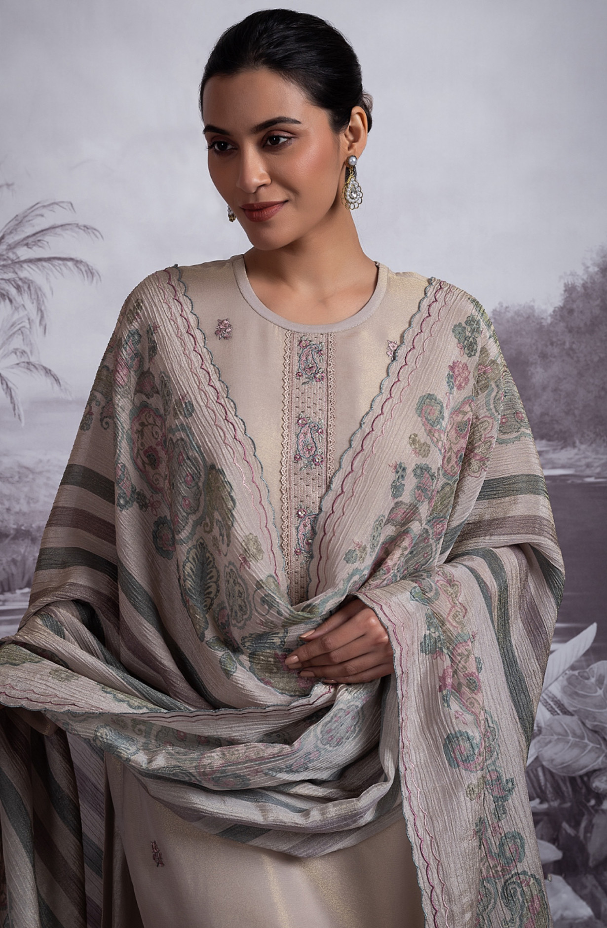 Tissue  Suit with Embroidery and Handwork - SAM2359A