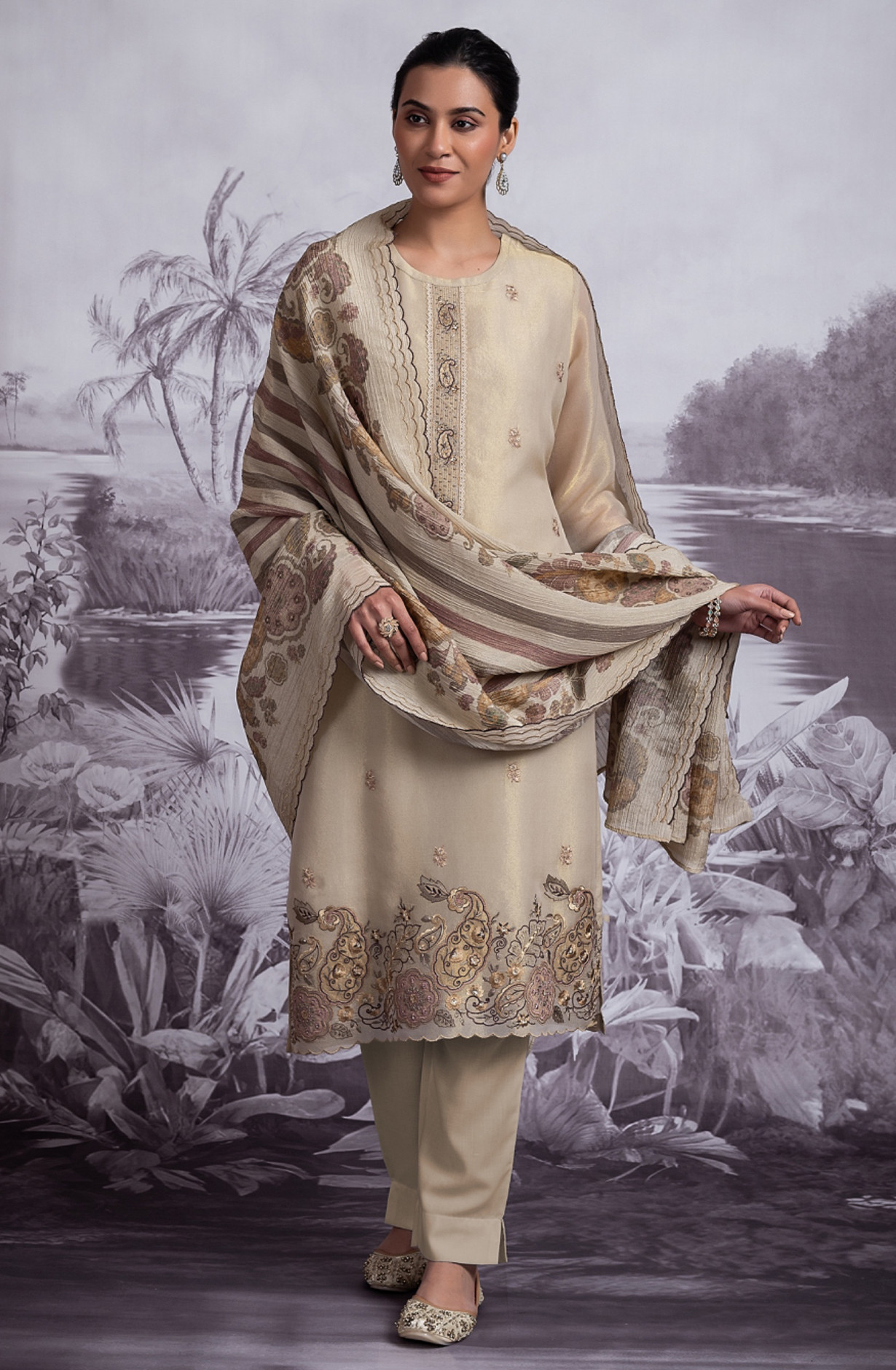 Tissue  Suit with Embroidery and Handwork - SAM2359B