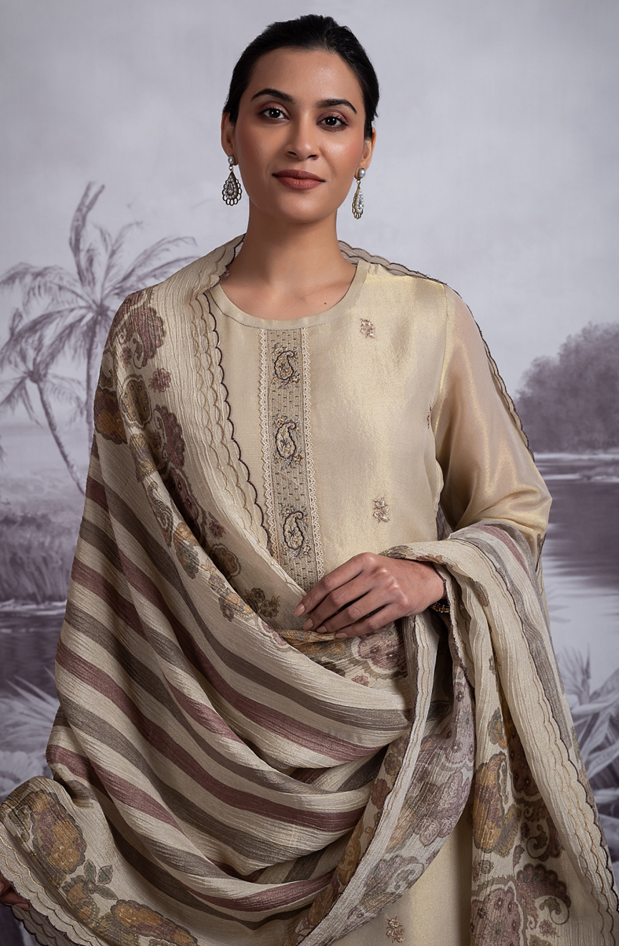 Tissue  Suit with Embroidery and Handwork - SAM2359B