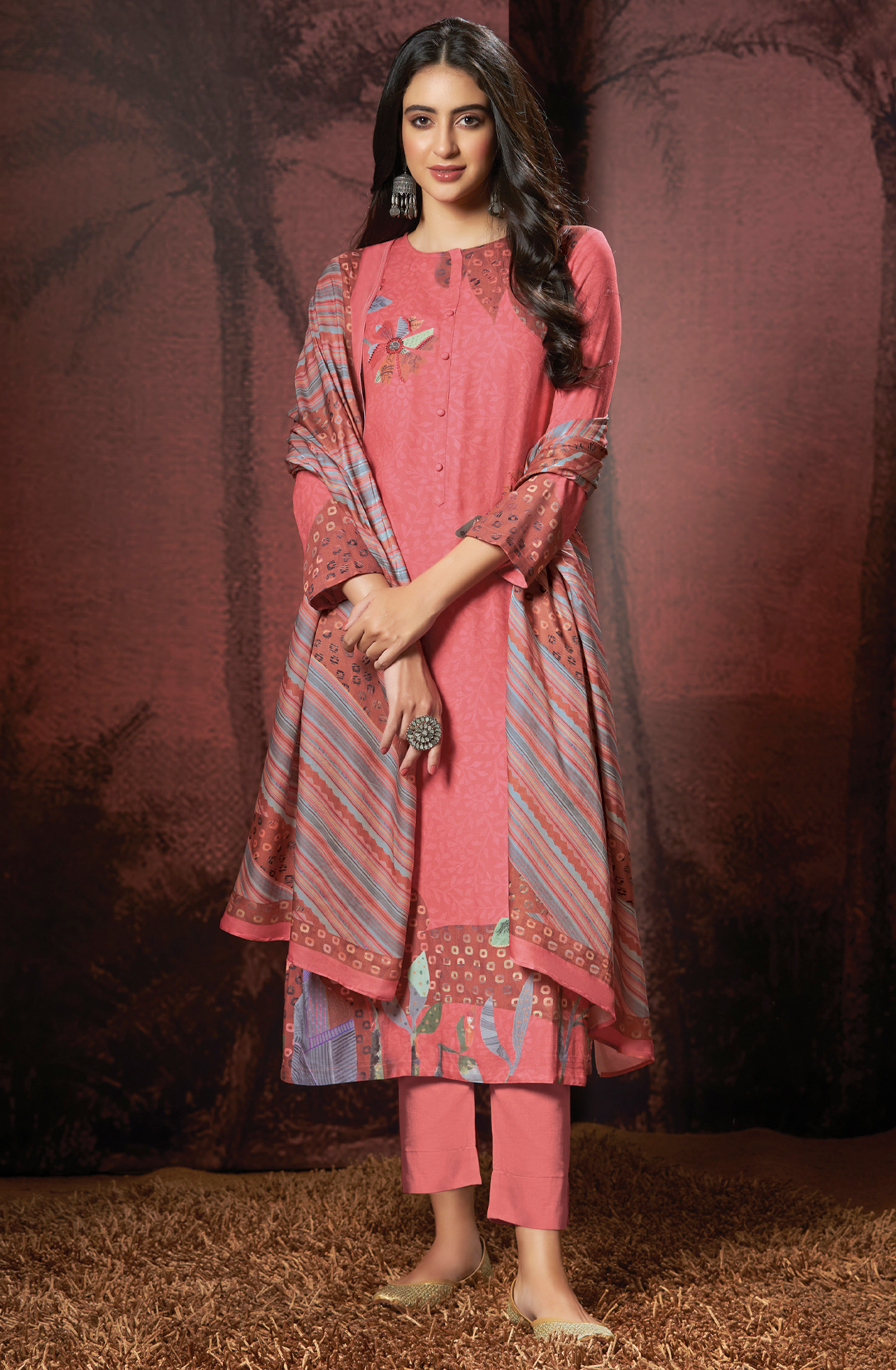 Peach Pashmina Digital Printed Winter Wear Salwar Kameez - SAM4209