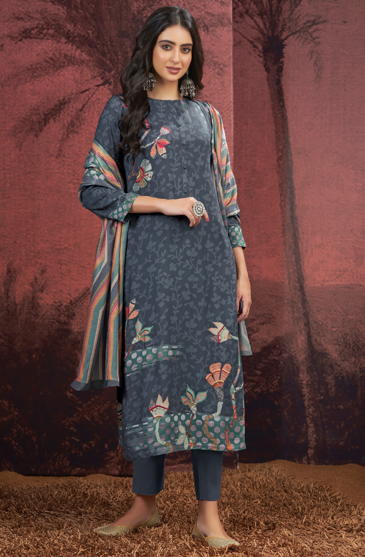 Grey Pashmina Digital Printed Winter Wear Salwar Suit - SAM4244