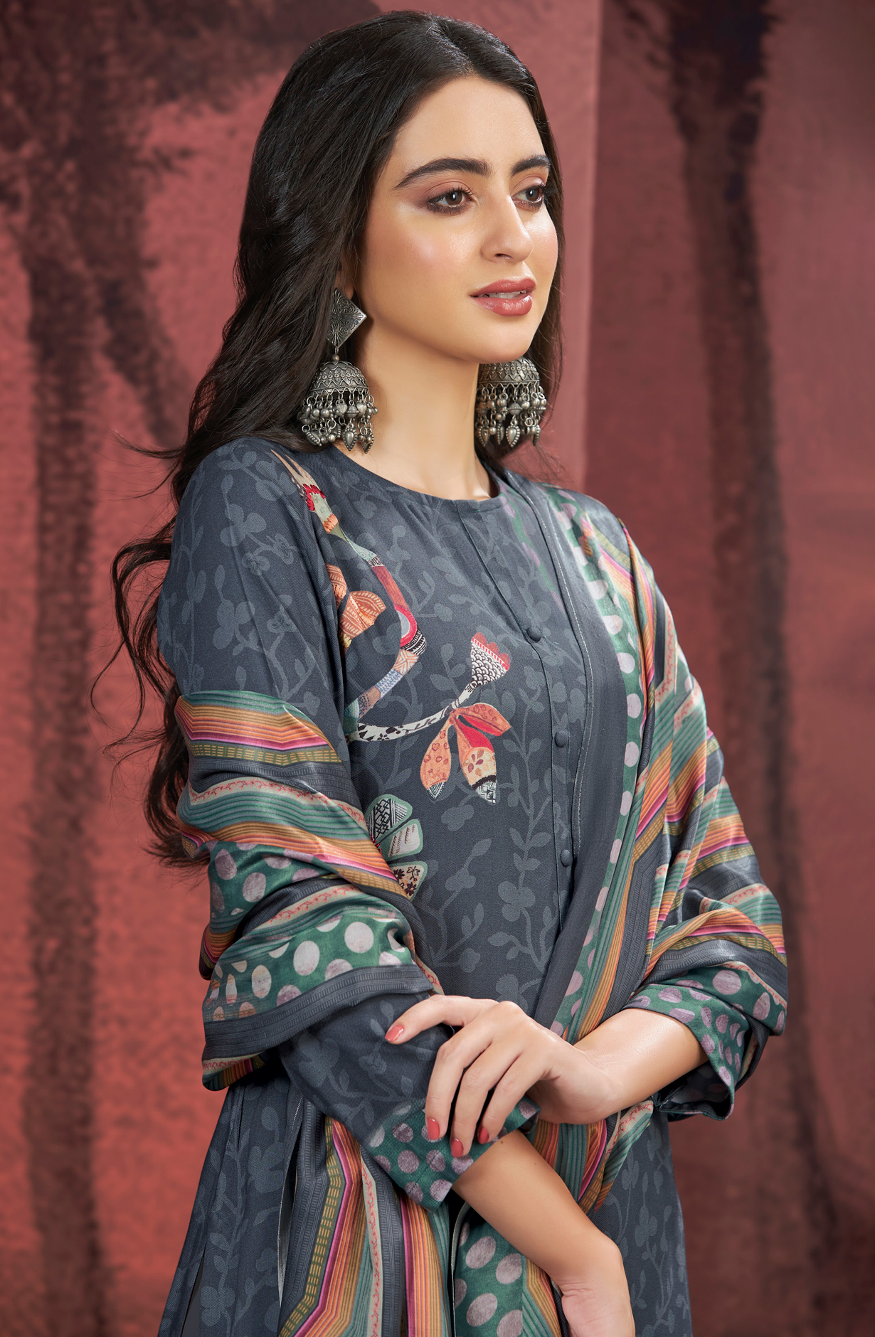 Grey Pashmina Digital Printed Winter Wear Salwar Suit - SAM4244