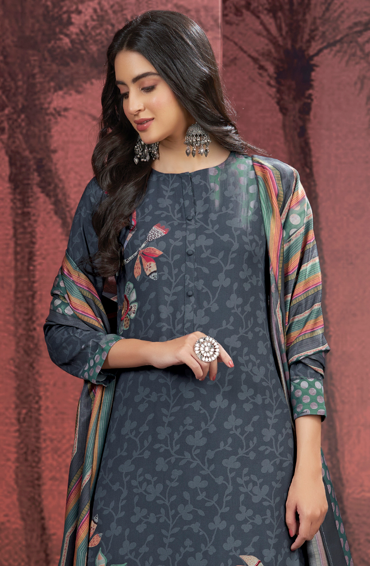 Grey Pashmina Digital Printed Winter Wear Salwar Suit - SAM4244