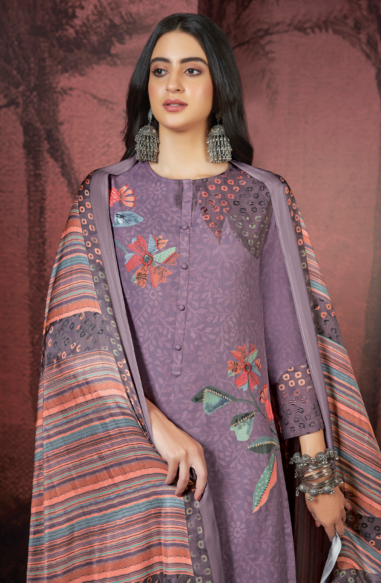 Purple Pashmina Digital Printed Winter Wear Salwar Kameez - SAM4248