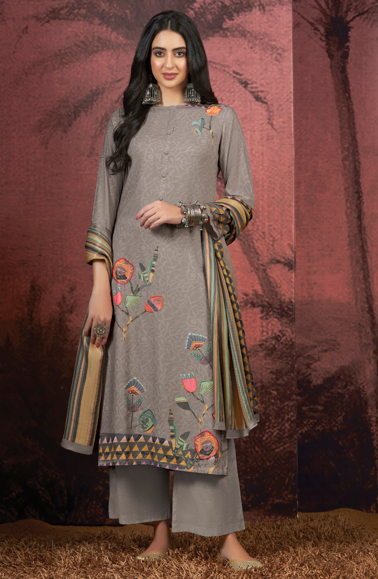 Grey Pashmina Digital Printed Winter Wear Salwar Kameez - SAM4273