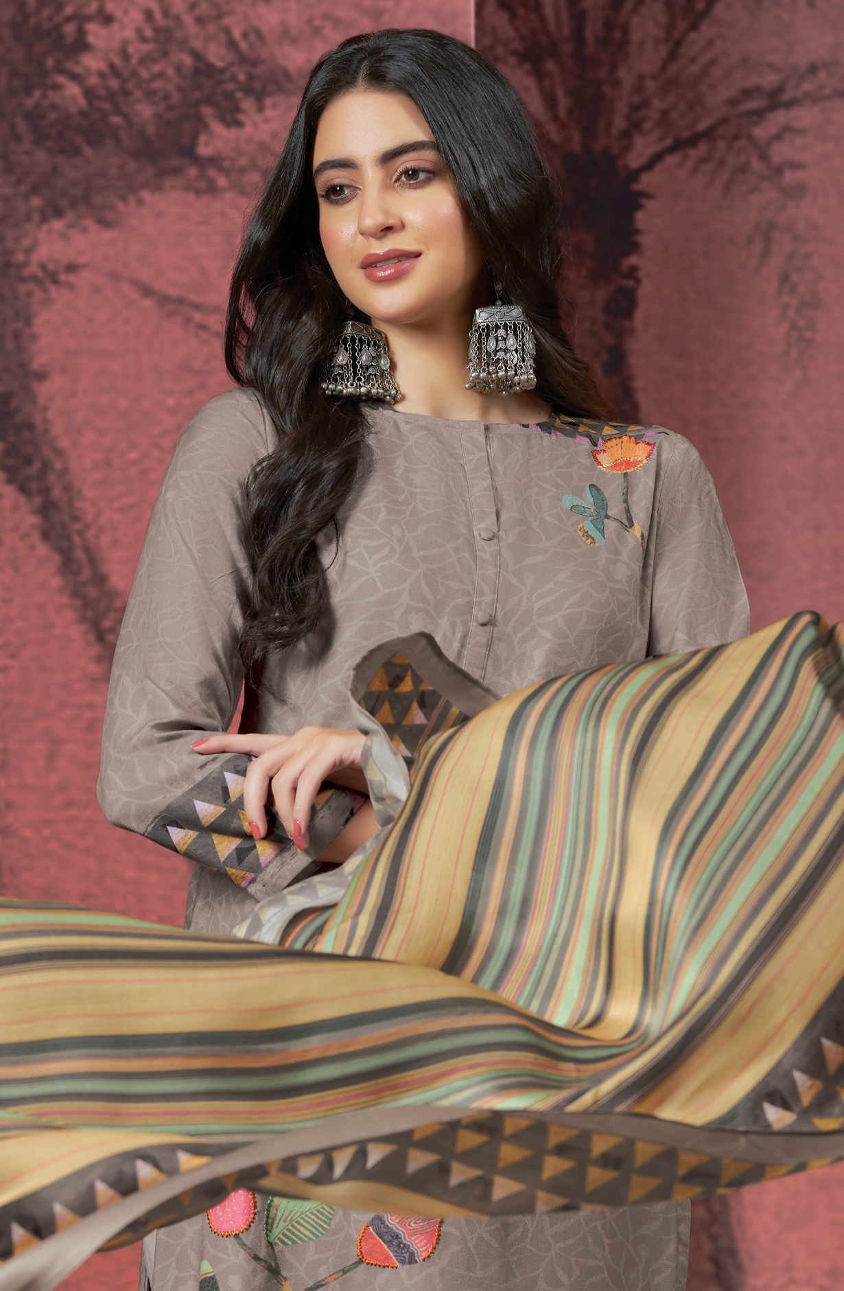 Grey Pashmina Digital Printed Winter Wear Salwar Kameez - SAM4273