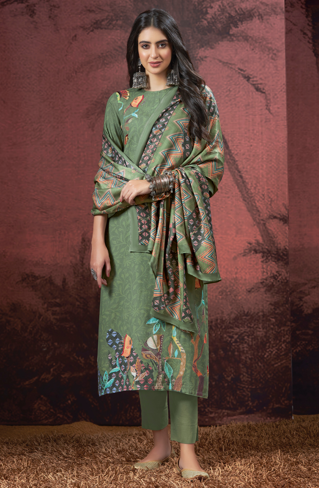 Bottle Green Pashmina Digital Printed Winter Wear Salwar Kameez - SAM4285